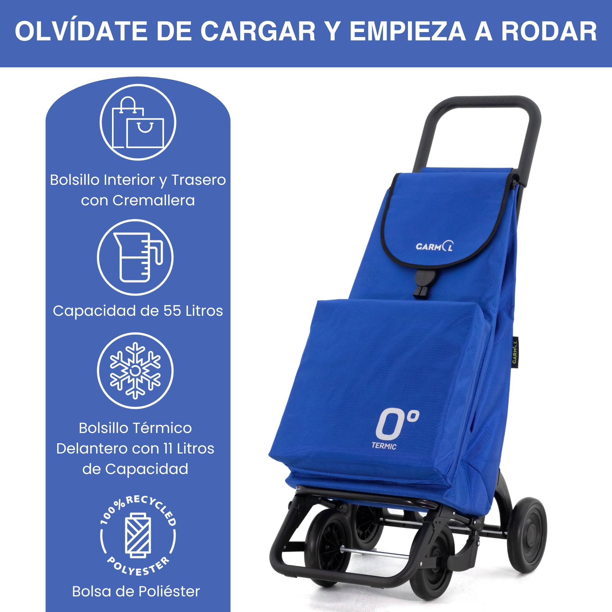 GARMOL Carro de la Compra Térmico Plegable 55 Litros |Bolsillo Térmico Interior de 11 Litros | Carro de la Compra 4 Ruedas Gran Capacidad | Carrito Compra Plegable Color Azul