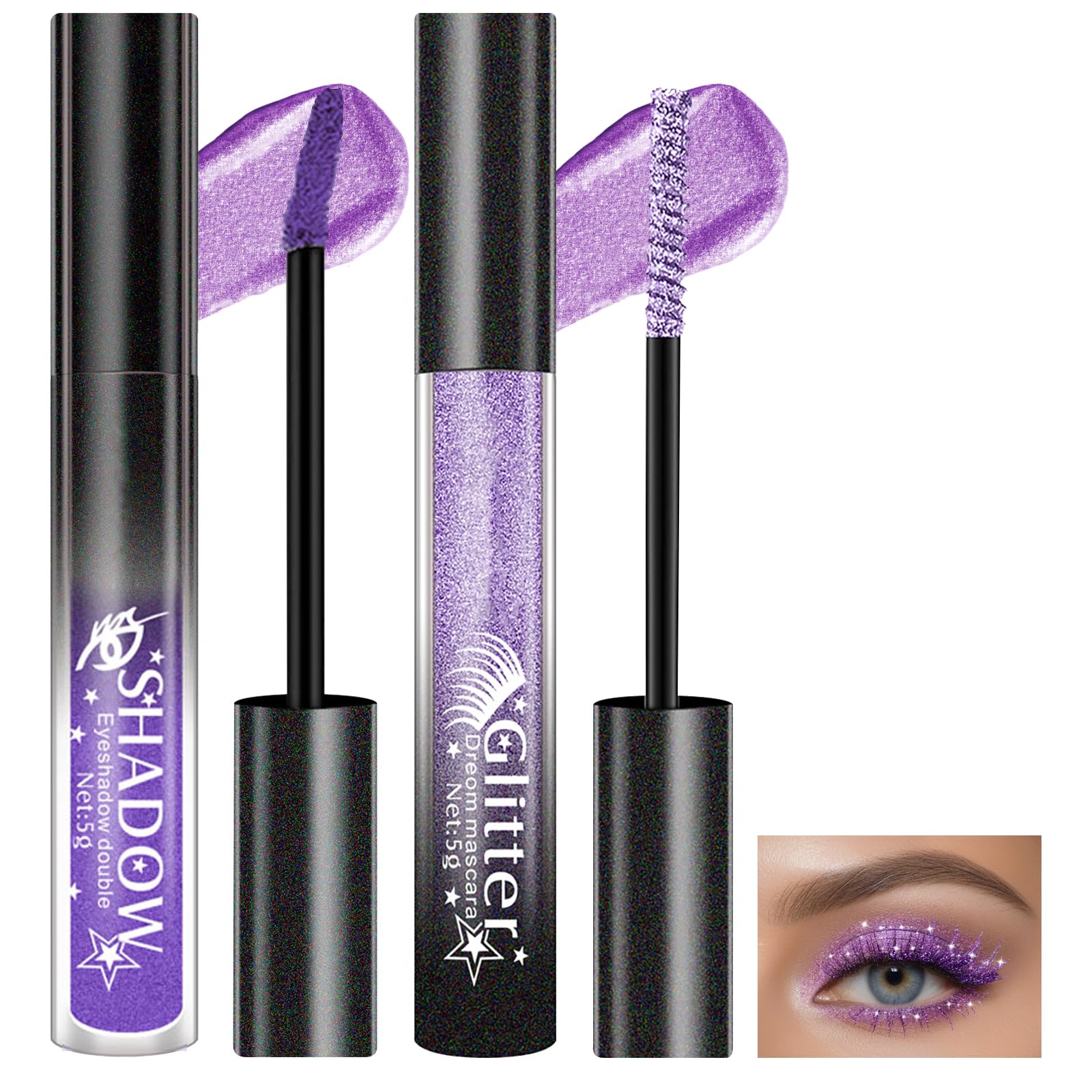 SIYDYRIT 2 Pcs Glitter Mascara & Shimmer Liquid Eyeshadow Set, Long Lasting Waterproof, Shiny Diamond Eye Makeup for Party Dazzling Looks, Metallic Eye Shadow Lipstick Makeup #Set4(Purple+Purple)