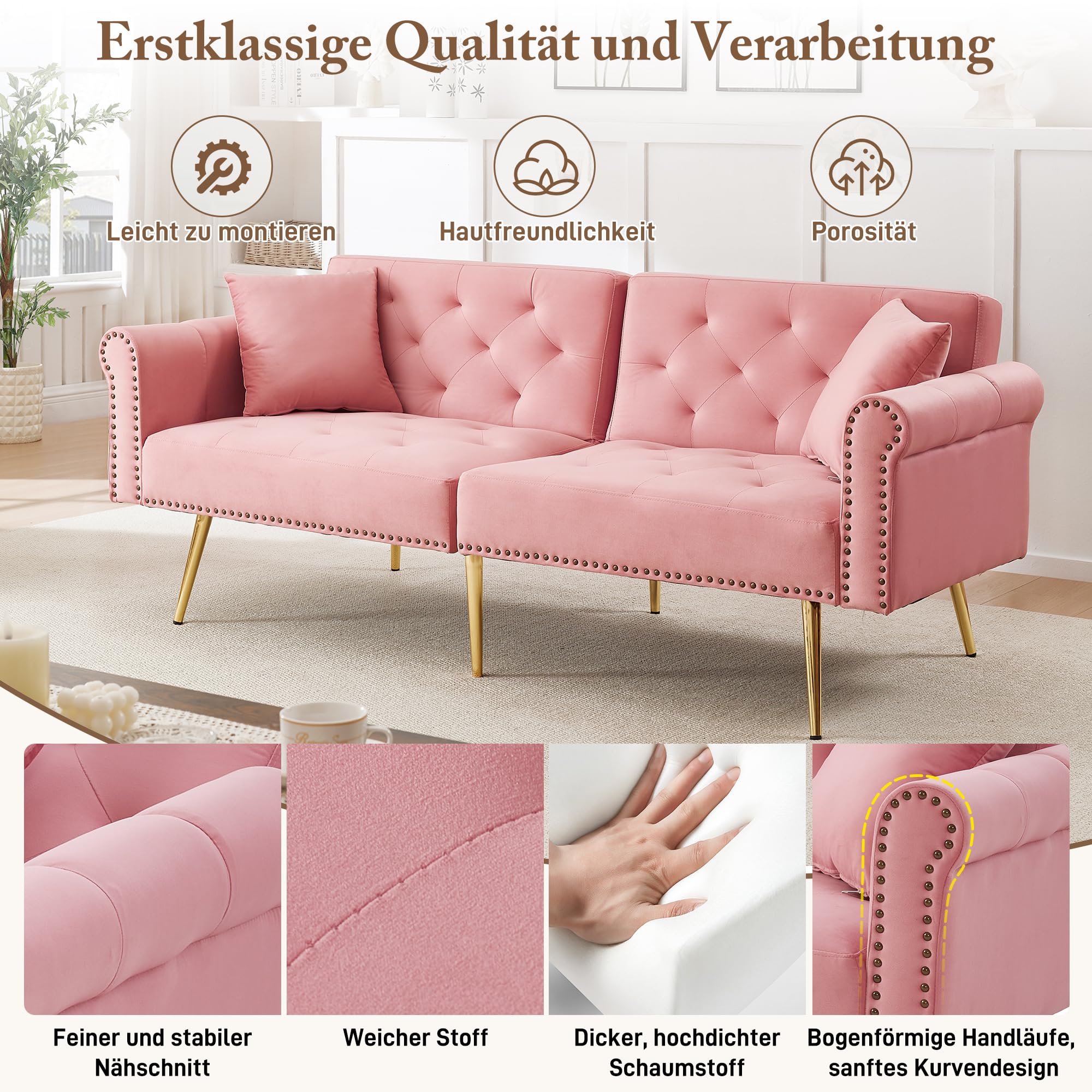 Azkoeesy Divano letto moderno a 2 posti in velluto 173 cm con gambe in metallo dorato e rivetti, 2 cuscini, schienale regolabile a 3 posizioni, per soggiorno e ufficio (rosa)