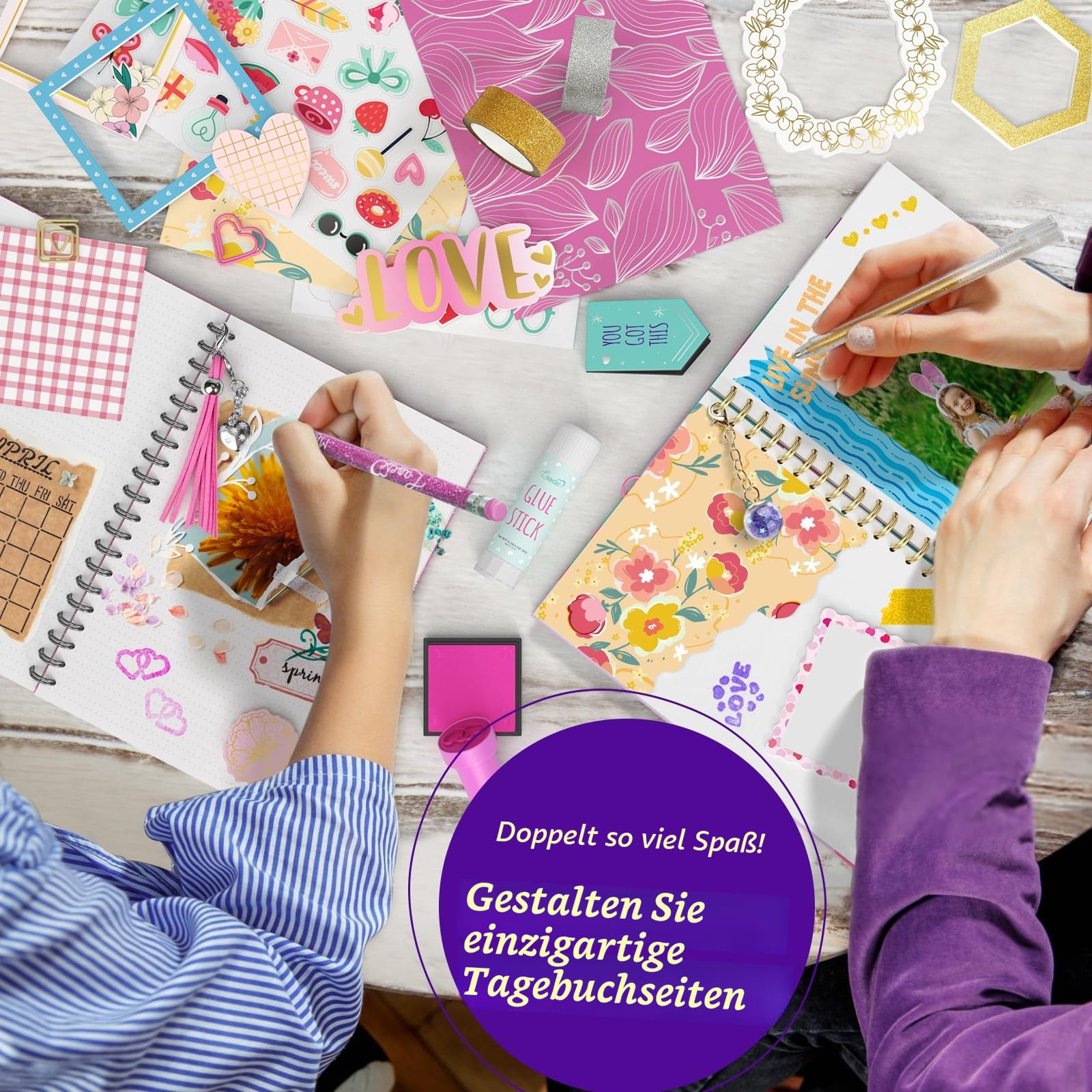 2er-Pack DIY Tagebuch Set, Geschenk Teenager Mädchen im Alter von 8 9 10 11 12 13 14 Jahren, Schreibwaren und Scrapbook Set, Basteln Mädchen 8-14 Jahre, Geburtstag & Weihnachten Geschenke für Kinder