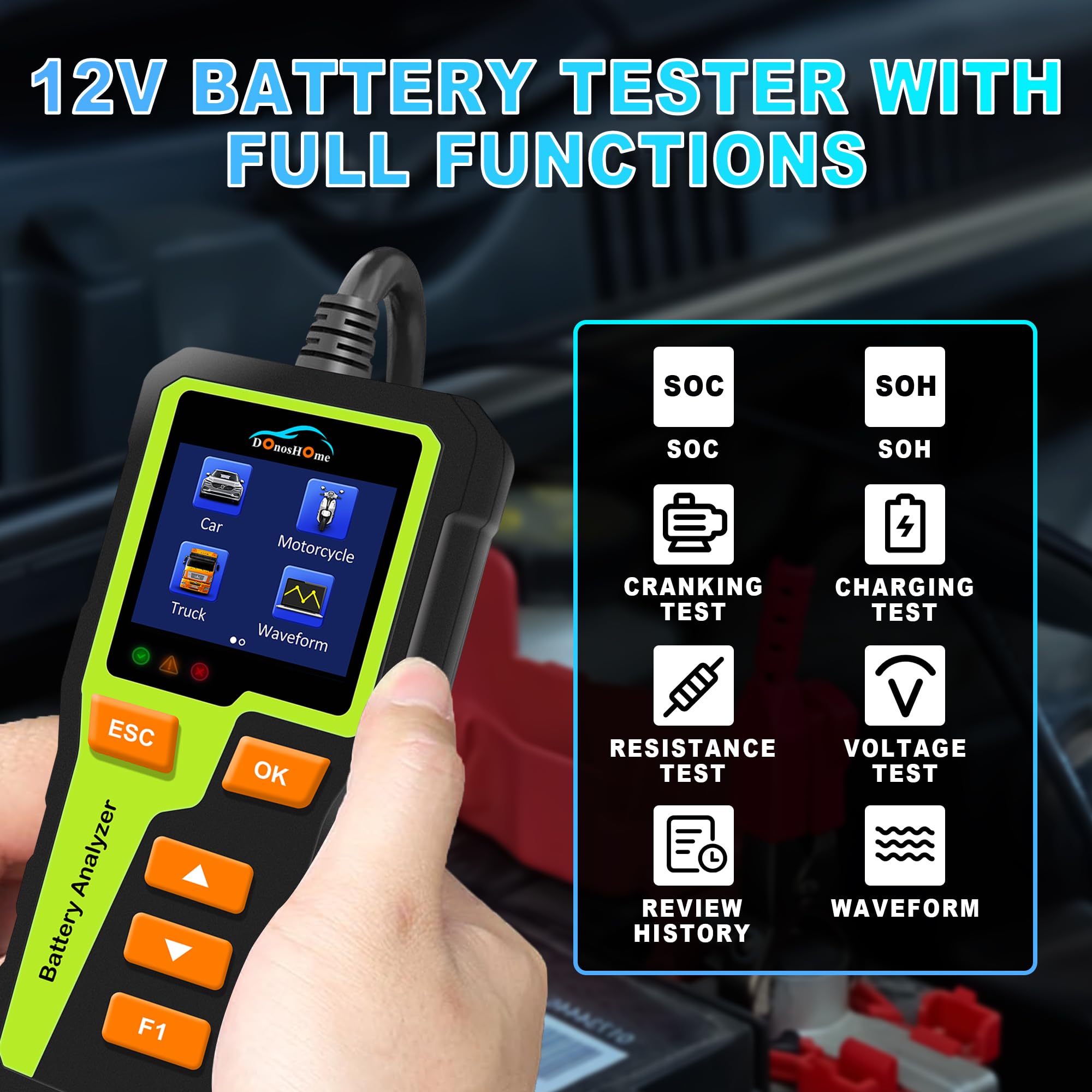 DonosHome DH310 12V Car Battery Tester 5-30V 100-2000 CCA Load Tester Automotive Battery Analyzer AGM Lithium Gel Alternator Digital Battery Charging&Cranking System Tester for Auto Truck Motorcycle