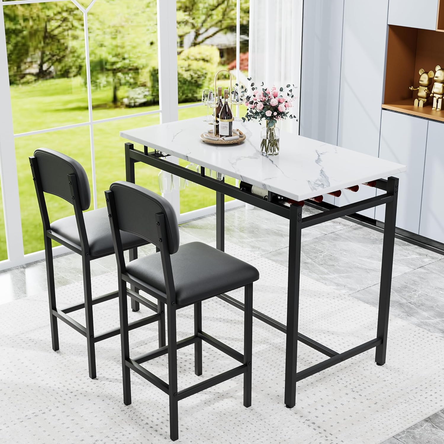 SOFTSEA 3 Piece Metal Bar Table Set of 2, 47.2" Pub Bar Table and Chairs Set, Faux Marble Bar Height Table with 2 Backrest Stools, Rustic Black