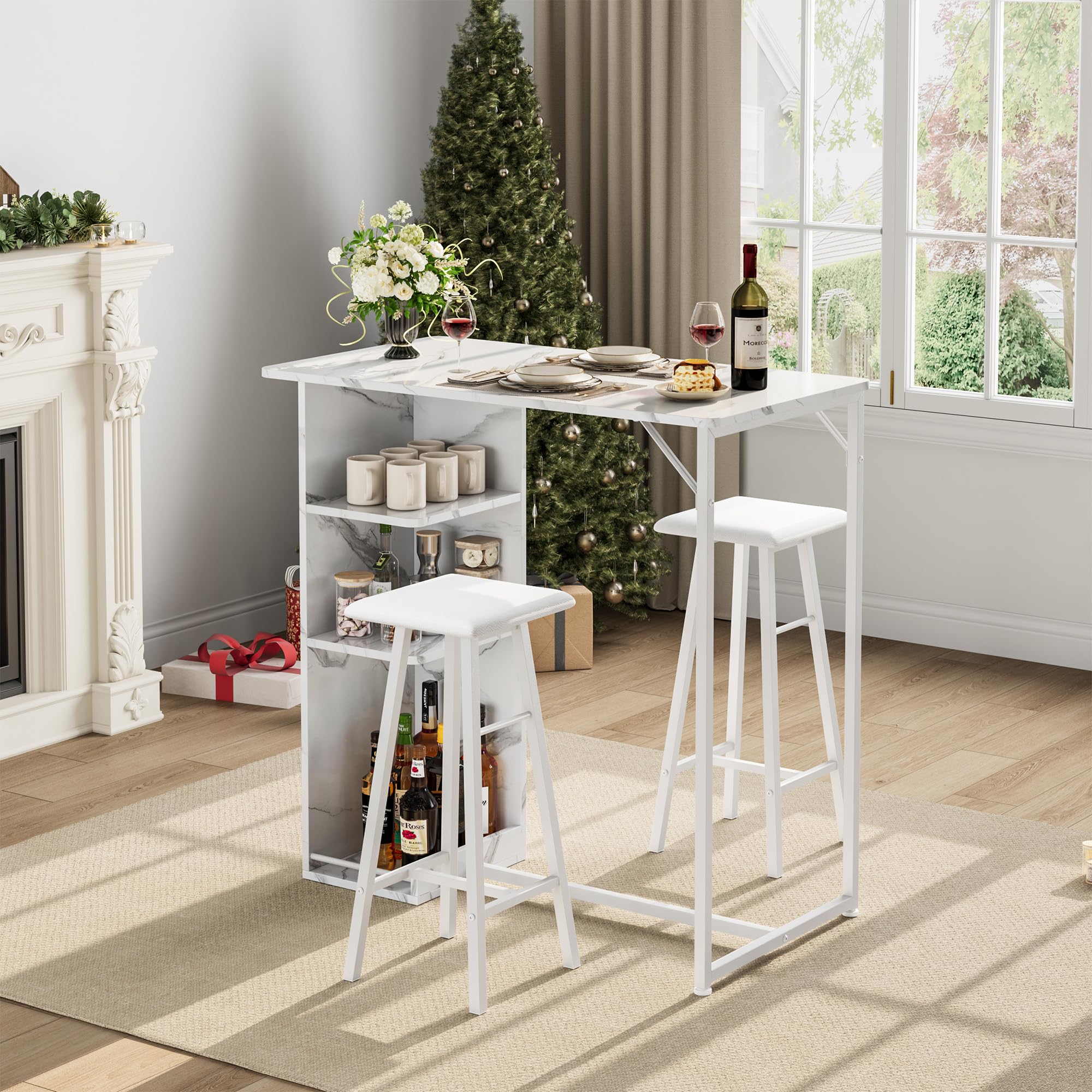 Litake Bartisch Set, Tresentisch mit 2 PU Barhocker, Esstisch Stehtisch mit Weinglashalter & Ablage, Küchentisch im Industrie-Stil, Stehtisch für Bar, Bistro & Wohnzimmer,Marmor Weiß
