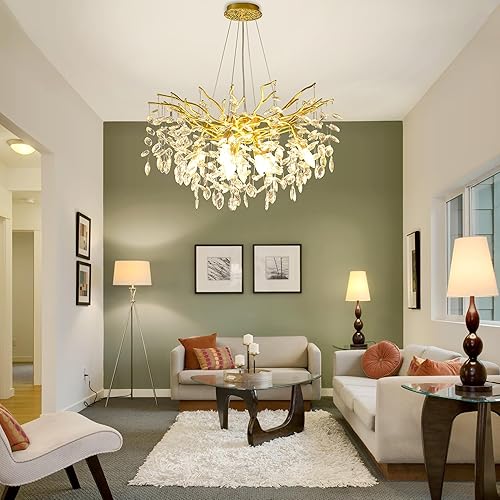 Miniatura 2 de Candelabro moderno de cristal de rama de árbol, D24 pulgadas, lámpara colgante de techo redonda dorada lineal, lámpara de rama de cristal esmerilado