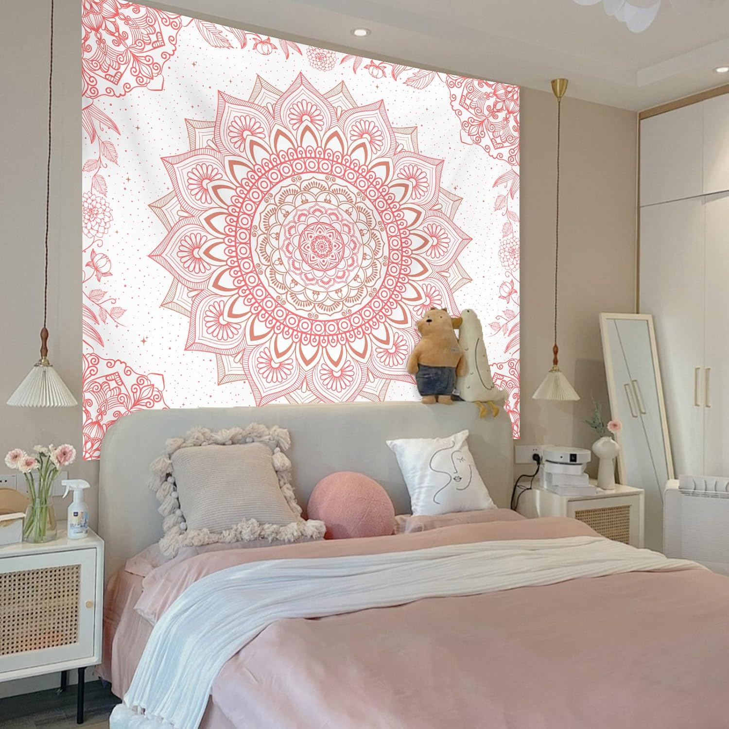 Apdidl Pink Boho Wall Tapestry for Bedroom, Mandala Hippie Cute Floral Tapestries Teen Girl Room Decor, Bohemian Pink and White Poster Wall Hanging Art Aesthetic for Living Room Dorm 71"X90"