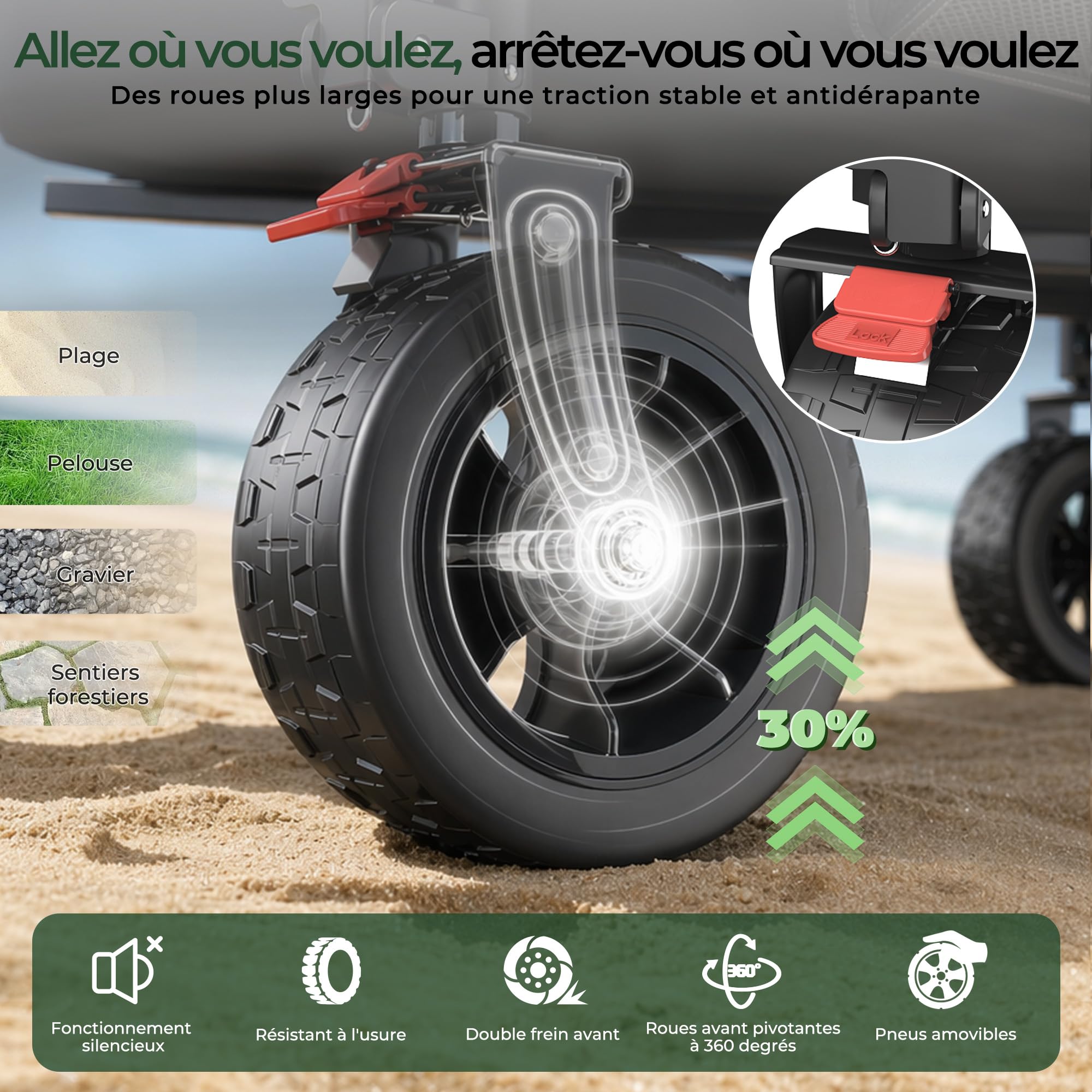 JUMMICO Chariot de Plage à roulettes Pliable ｜ Grande Capacité 260L ｜ Chariot de Transport Tout-Terrain ｜ Roues Ballon 17cm ｜ Double Frein ｜ pour Courses, Camping, Événements