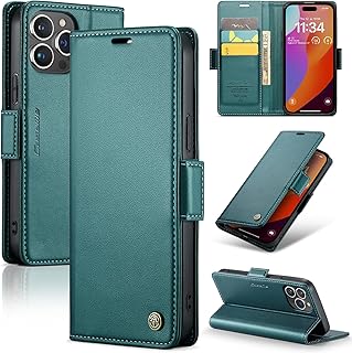 جراب موبايل متوافق مع ايفون 15 برو ماكس متعدد الوظائف بتصميم افقي قابل للطي من جلد البولي يوريثين فتحة للبطاقات وحامل ومحفظة لموبايل اخضر منقلب