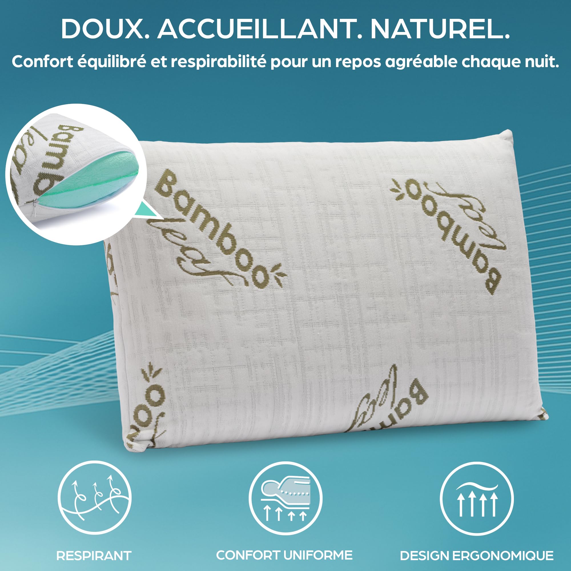 Flowen Oreiller Memorie Forme Coussin Ergonomique Cervical Idéal pour Le Soutien du Cou et de la Tête Orthopédique Anti Ronflement Anti Acarien Hypoallergénique Taie d'oreiller Bamboo Lavable