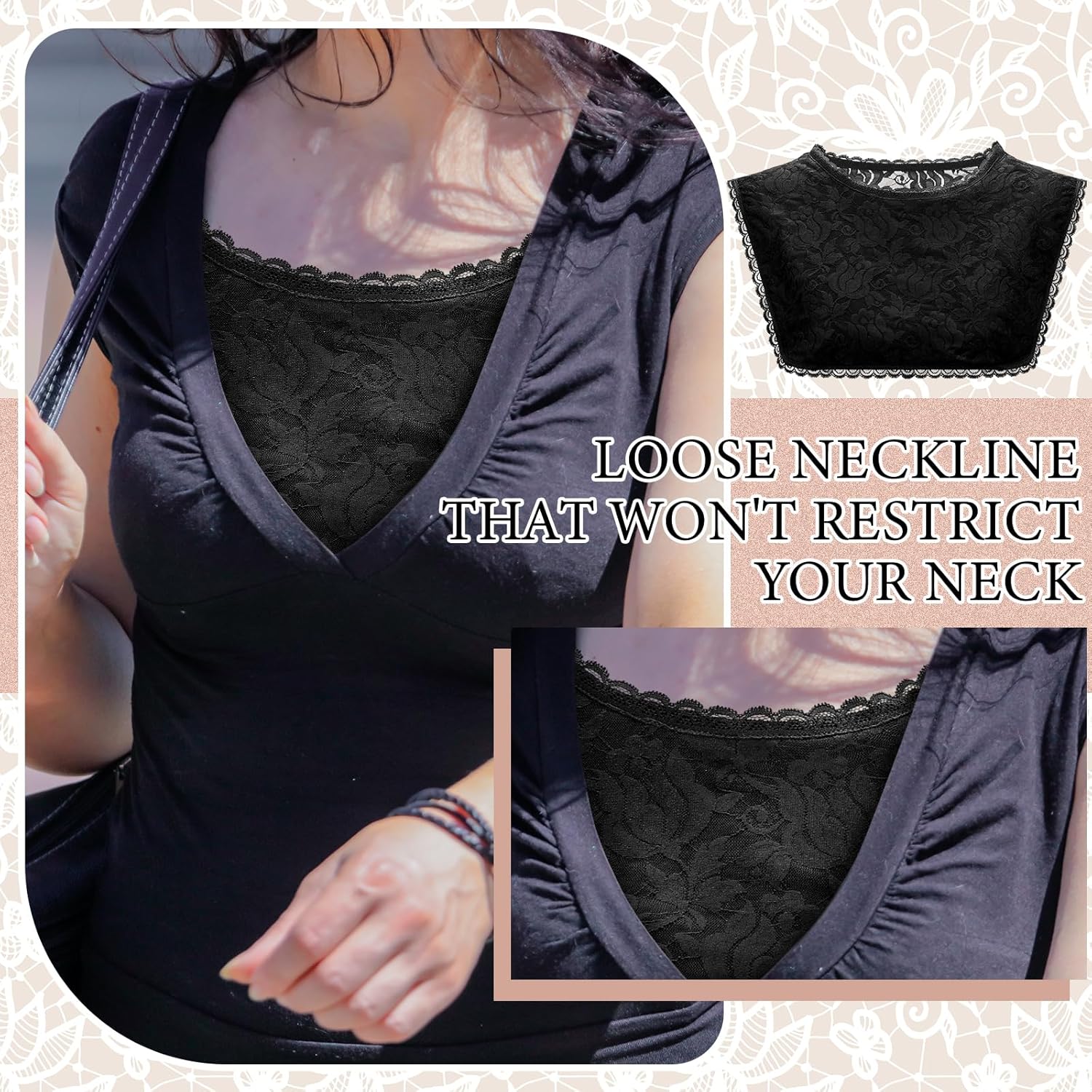 3 Pcs Lace Cleavage Cover up for Low Neckline Fake Collars for Women Modesty Inserts for Low Cut Dresses Crew Collar - Image 4