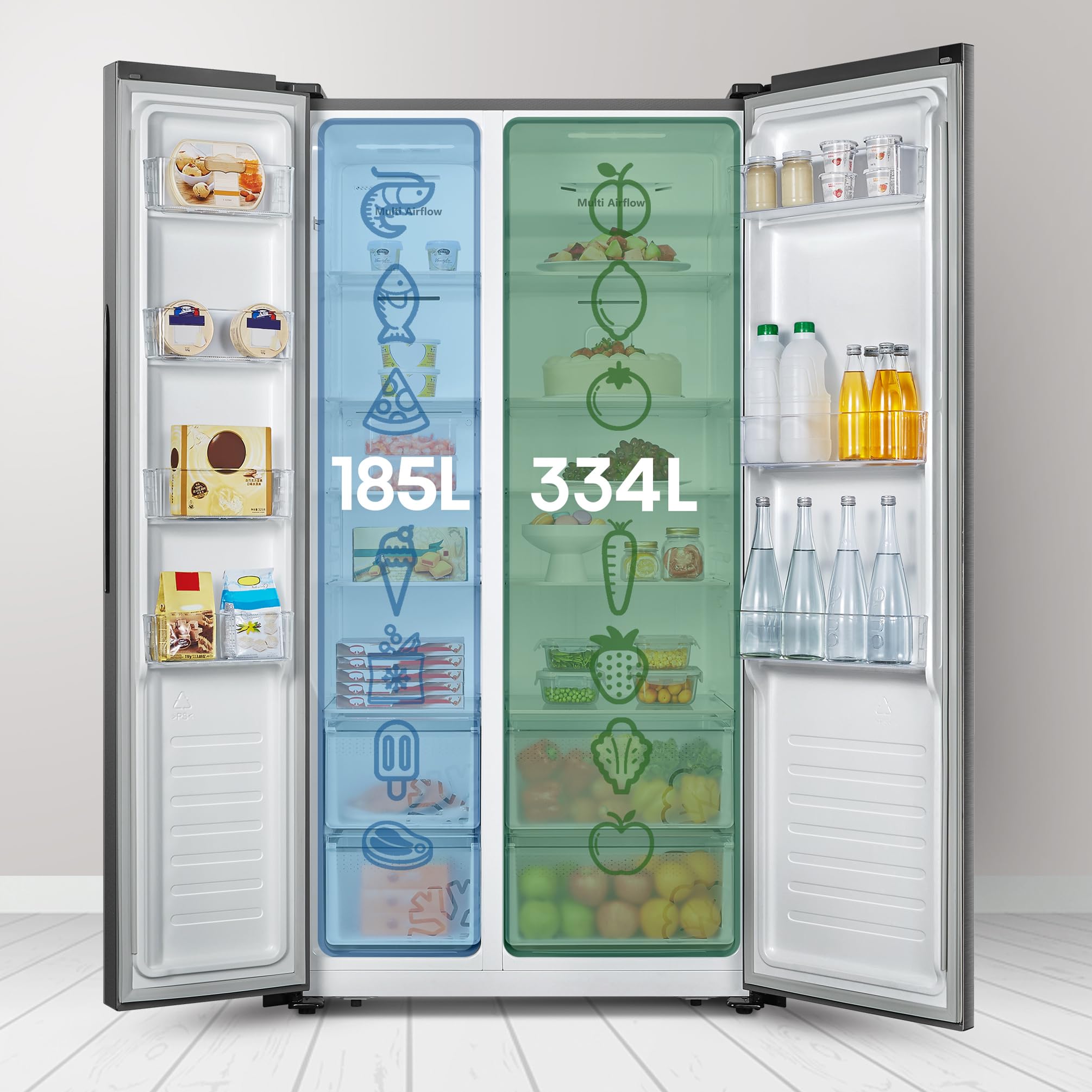 Hisense RS677N4ACC - Frigorífico Americano Dos Puertas, Eficiente Clase C, Capacidad 519 L, ALTO 178,6cm x ANCHO 91cm, Multi-Air Flow, Congelamiento Rápido, Cajón Frutas y Verduras, Color Inox