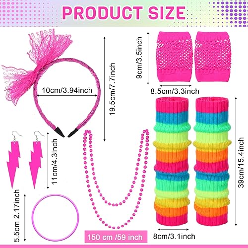 Miniatura 2 de Handepo 19 piezas de accesorios de disfraz de los años 80, riñonera holográfica, calentadores de piernas, diadema de encaje, aretes, guantes