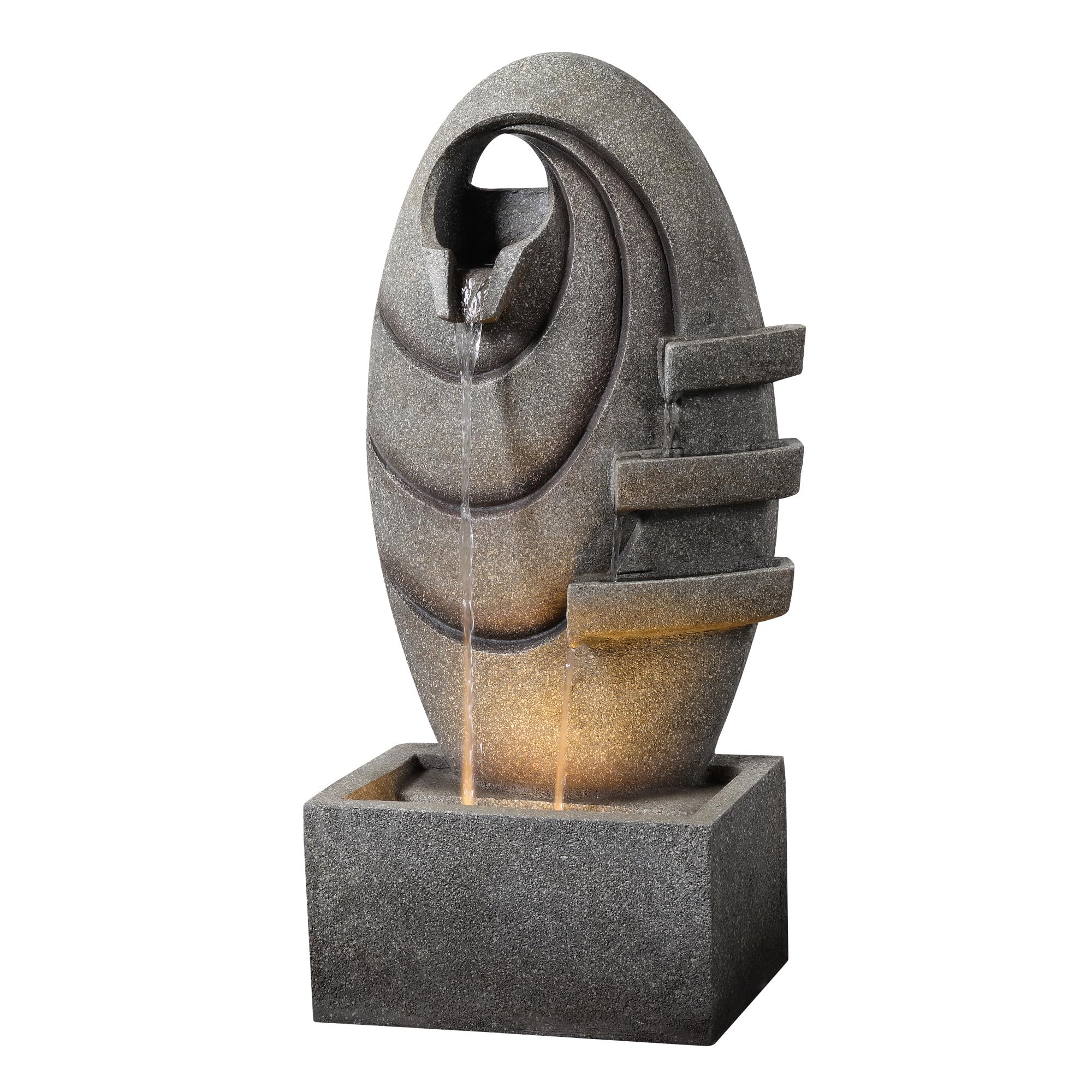 Teamson Home Garten Outdoor Brunnen Moderner Ovaler Brunnen mit warmen LED-Lichtern, Einstellbarer Fluss, Robustes dunkelgraues Steinoptik-Finish