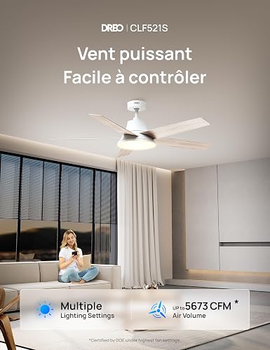DREO Smart Ceiling Fan with Lights, 52 Inch (132 cm), 12 Speeds 3 Modes, Stepless Color Tones, Dimmable LED Light, 12H Timer, Quiet DC Motor, Remote/APP/Alexa Control, Electric Fan for Bedroom, White - 2