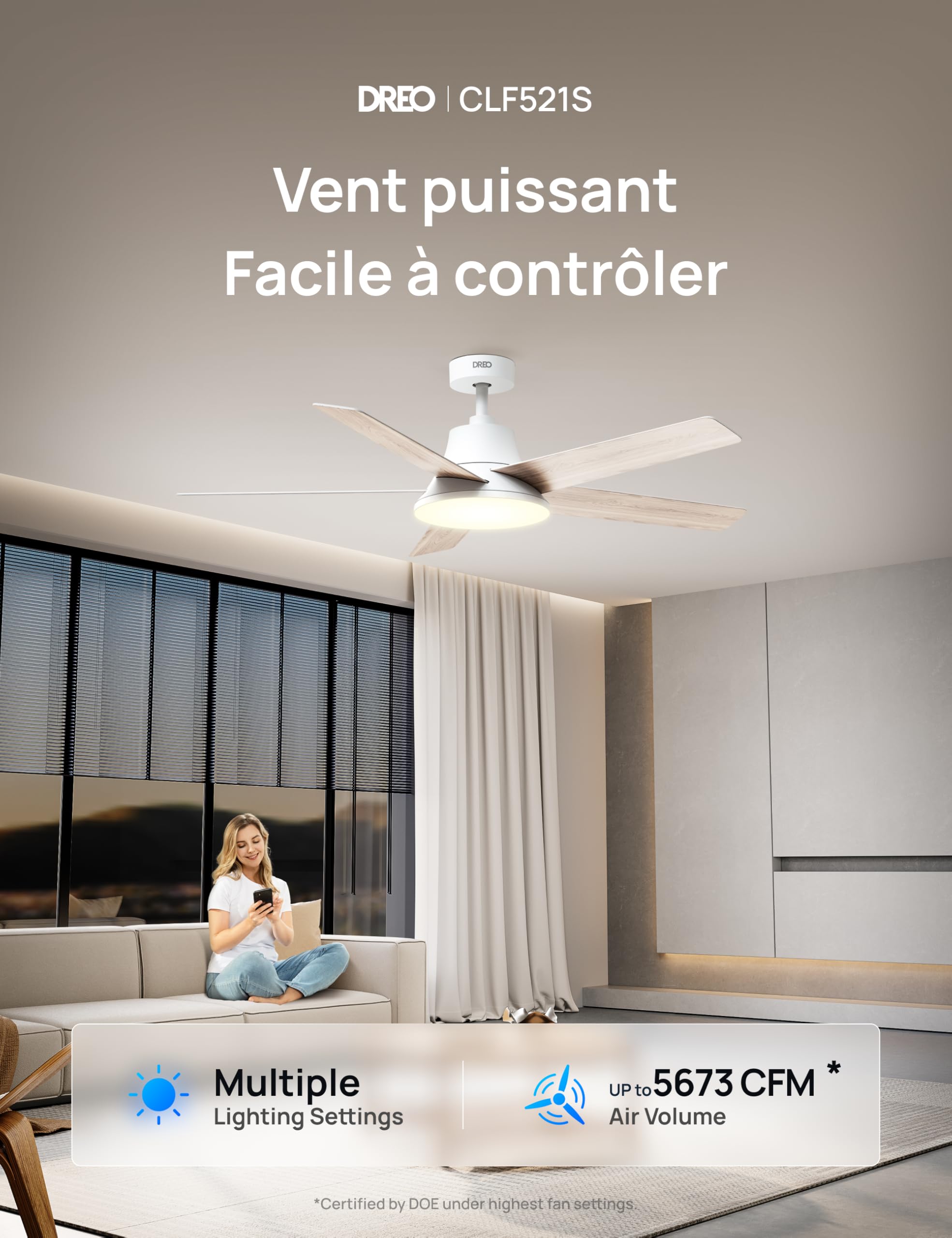 DREO ventilateur de plafond intelligent 132cm LED dimmable 12 vitesses moteur DC silencieux télécommande APP Alexa blanc