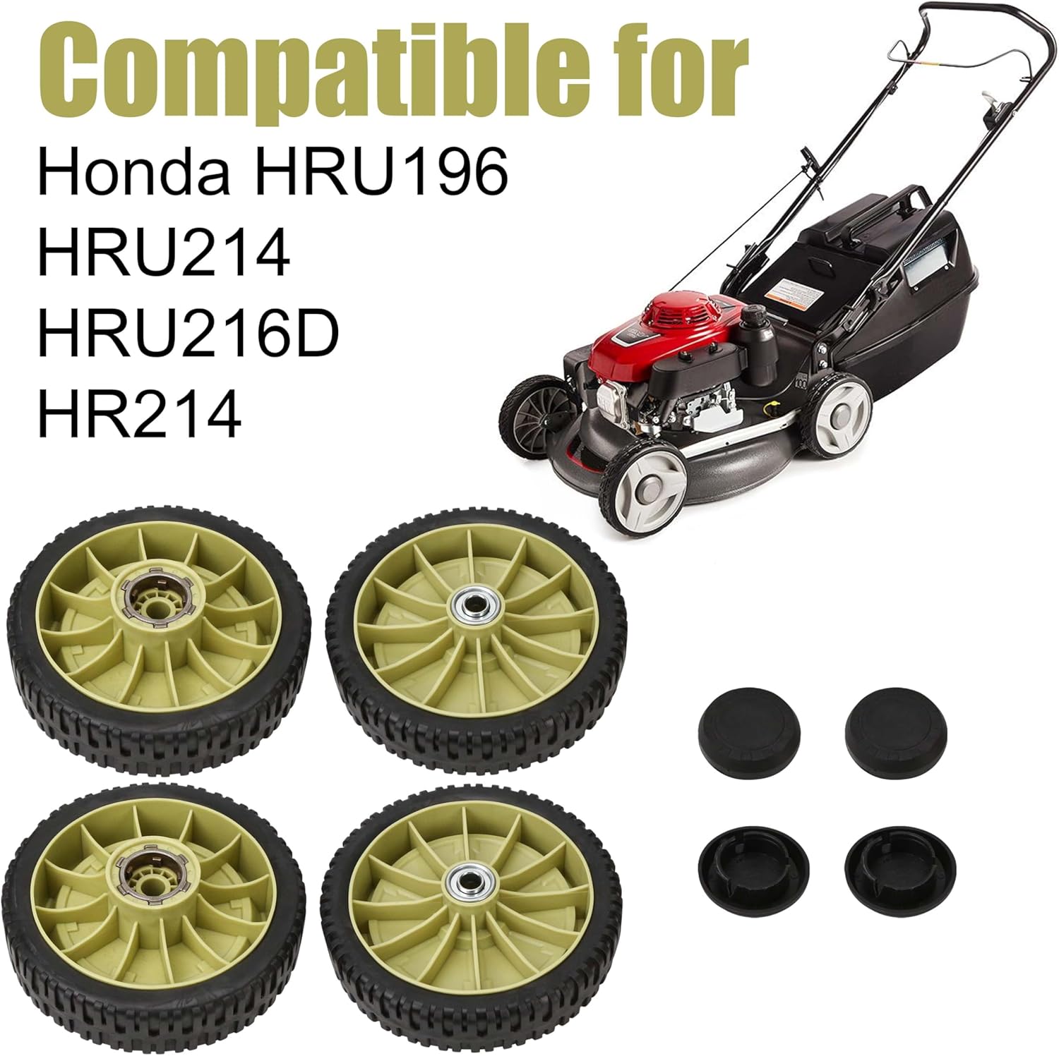 4 Pack Lawn Mower Wheels HR214 Replacement for Honda HRU196 HRU214 HRU215 HRU216 HRC216K1 Series, Front & Rear Wheels Kit, 200mm Diameter, Push Riding Mowers Tires Care Parts, Maintenance Accessories
