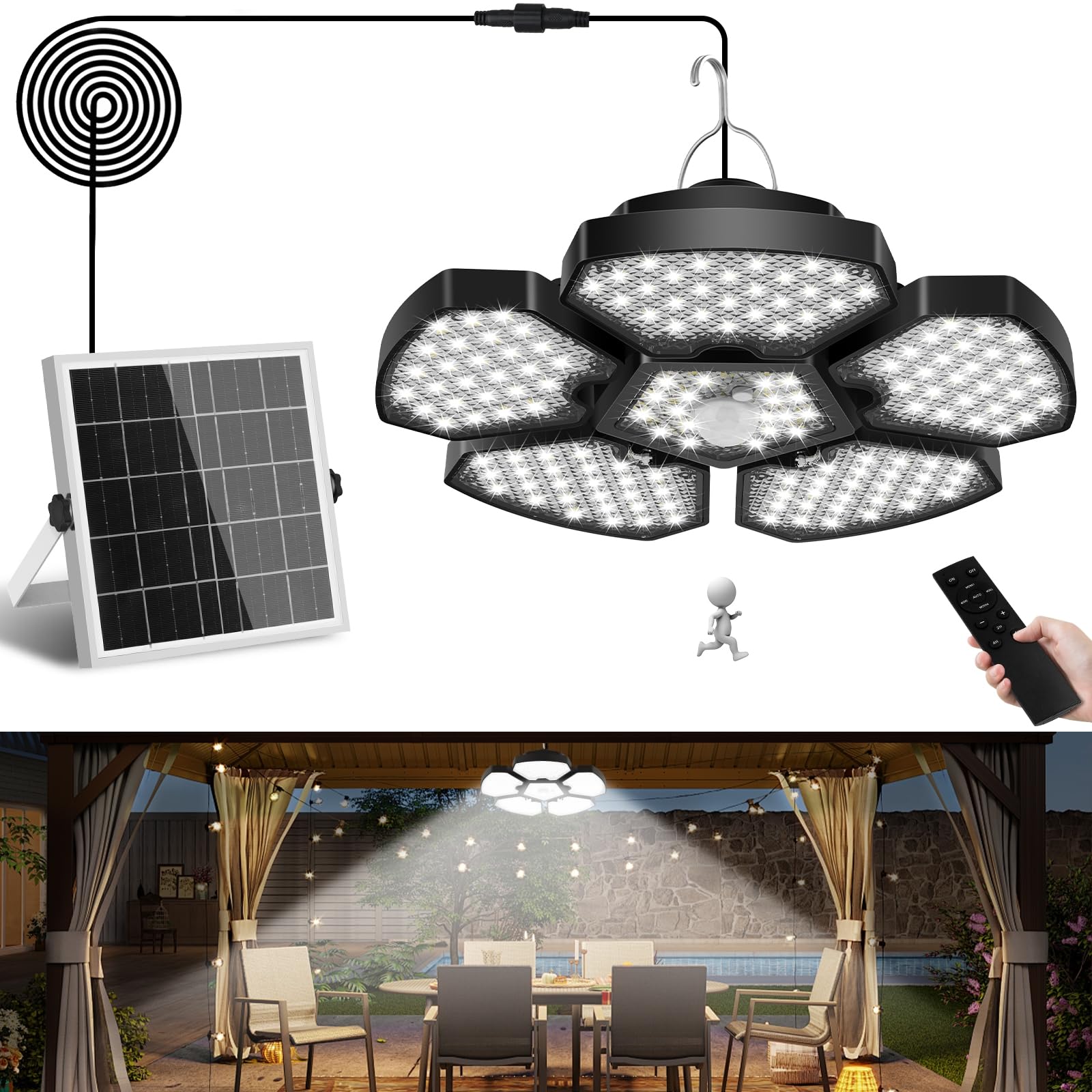 NATPOW Solar Pendant Lights, Solar Shed Light Motion Sensor with Remote Control, Waterproof Timing Gazebo Lights