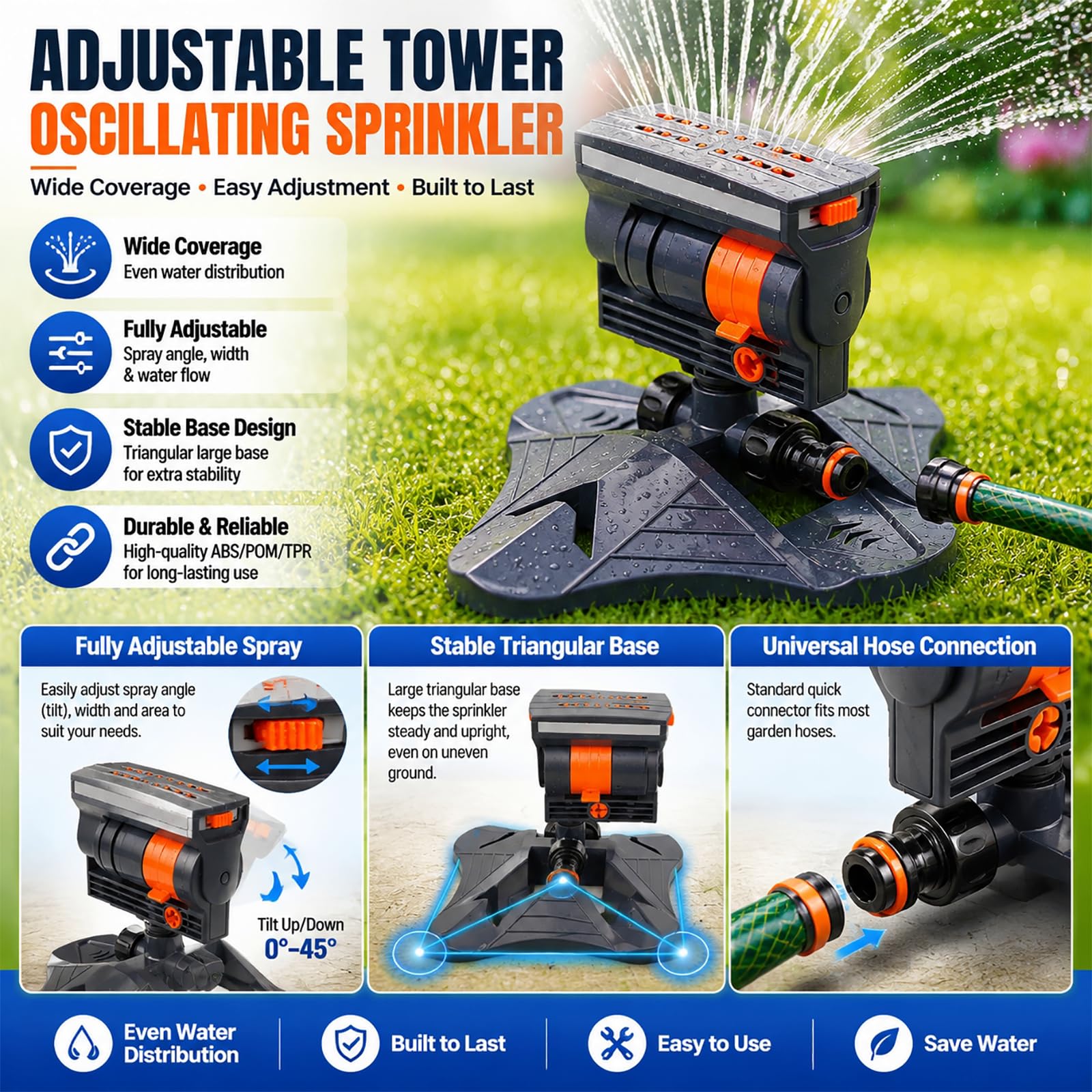 Irrigatore oscillante per prato, irrigatore a torre regolabile con 16 ugelli di precisione, rotazione a 360°, doppia filtrazione, ampia copertura per irrigazione da giardino, cortile, patio esterno