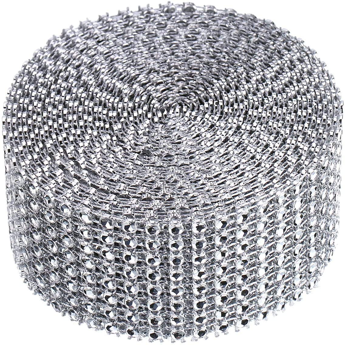 BEARHORN Rhinestone Diamond Mesh Ribbon 1 Roll 8 Row 10 Yards Silver Bling Diamond Wrap Ribbon for Wedding Cakes, Birthday Decorations, Party Supplies, Arts Rhinestones for Crafts (Silver)