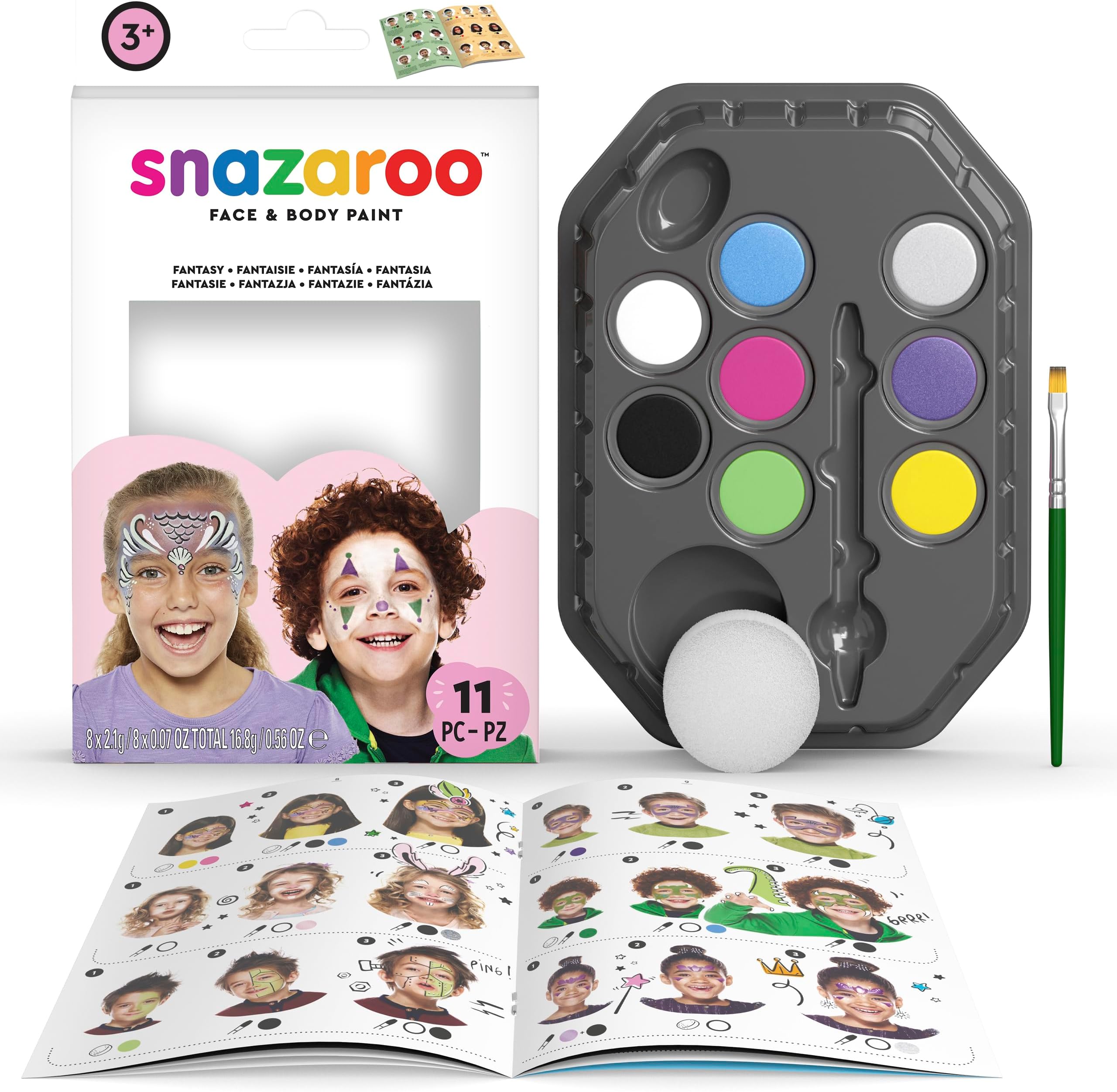 Snazaroo Fantasy Face Paint Palette Kit for Kids and Adults, 8 Colours, 11pcs, Brush, Sponge, Guide, Water Based, Easily Washable, Non-Toxic, Makeup, Body Painting and Parties, for Ages 3+