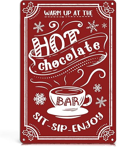 Letrero de barra de chocolate caliente, letreros de Navidad de metal rojo para cocina, barra de cacao caliente, decoración de estación de café,
