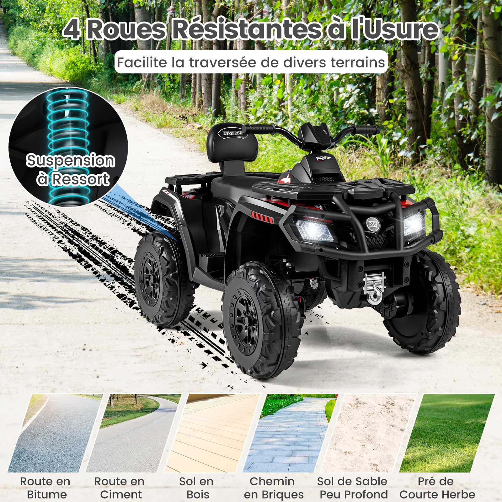 COSTWAY Quad Électrique Enfants 24V avec 4 Moteurs, Voiture Électrique Enfants 2 Places avec Lumières LED, Musique, Marche Avant/Arrière, Frein, 2 Vitesses 3-8 km/h, Charge 59 kg, pour 3-8 Ans (Noir)