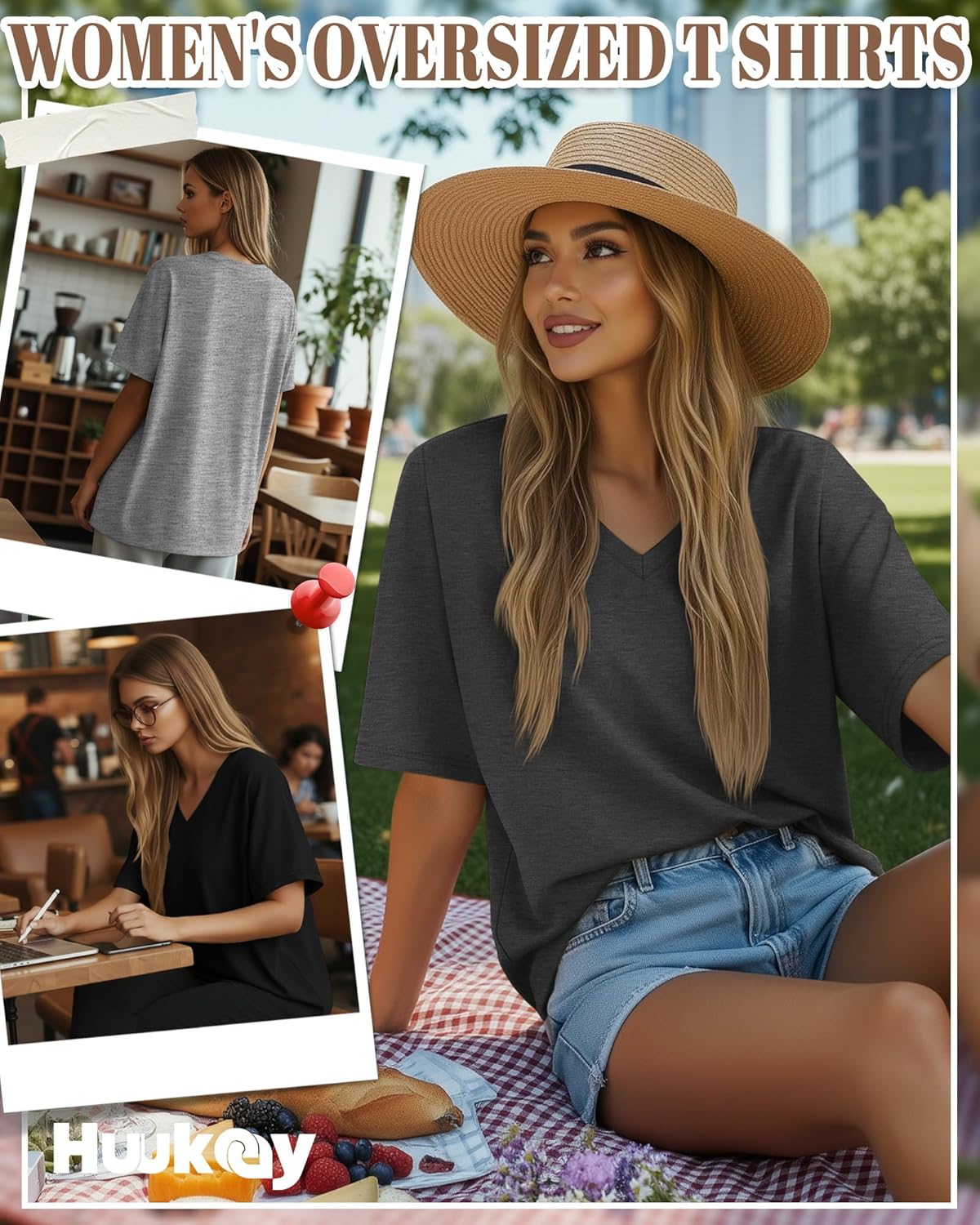 Huukeay 3 Pack Women's Oversized Cotton T-Shirts V Neck Loose Fit Casual Workout Tees Soft Short Sleeve Tops - Image 2