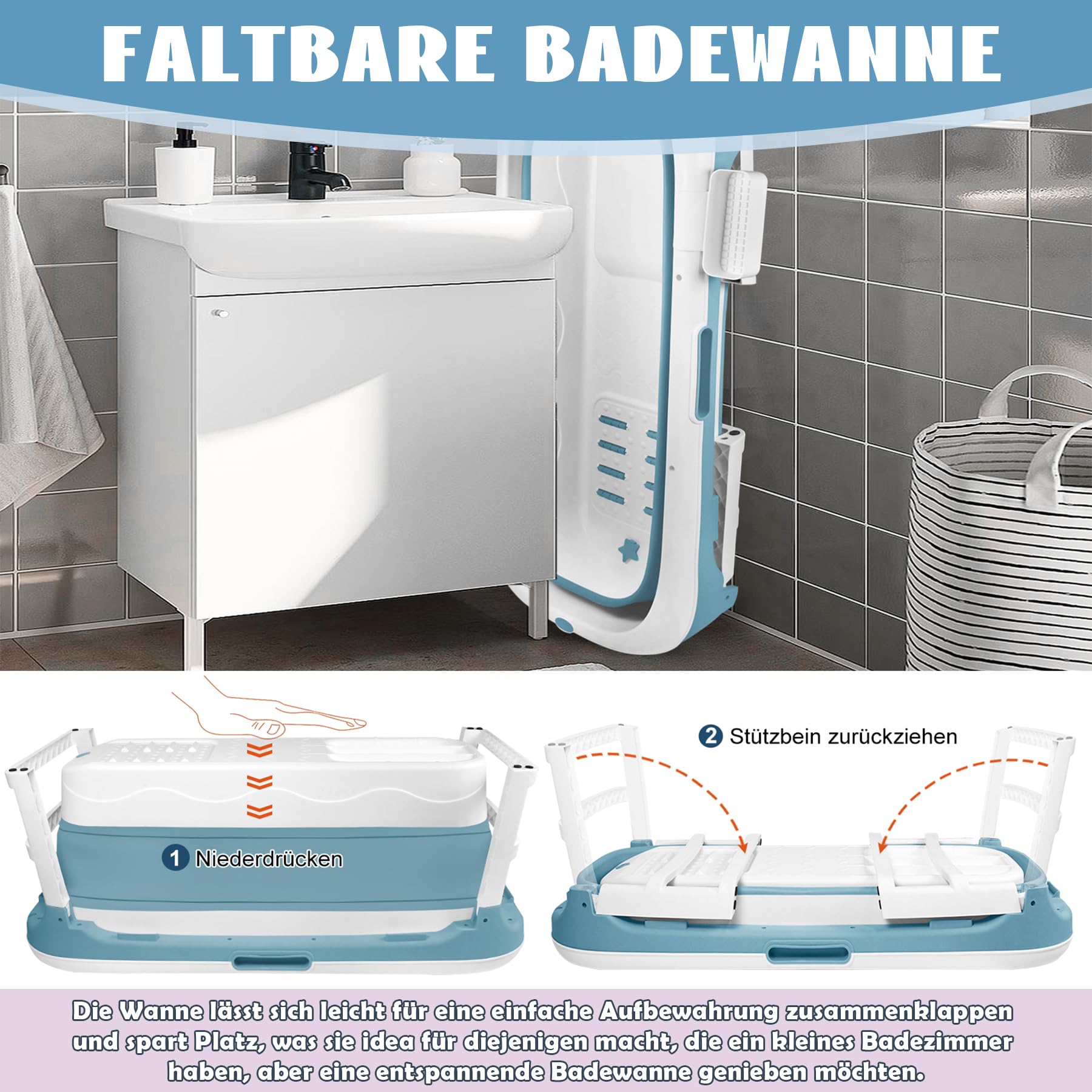 SUBTLETY Baignoire pliable pour adulte - Portable - Avec couvercle - Panier à savon et rouleaux de massage - À poser dans la douche - Idéal pour les petites salles de bain SPA (128 x 60 x 52 cm, bleu)