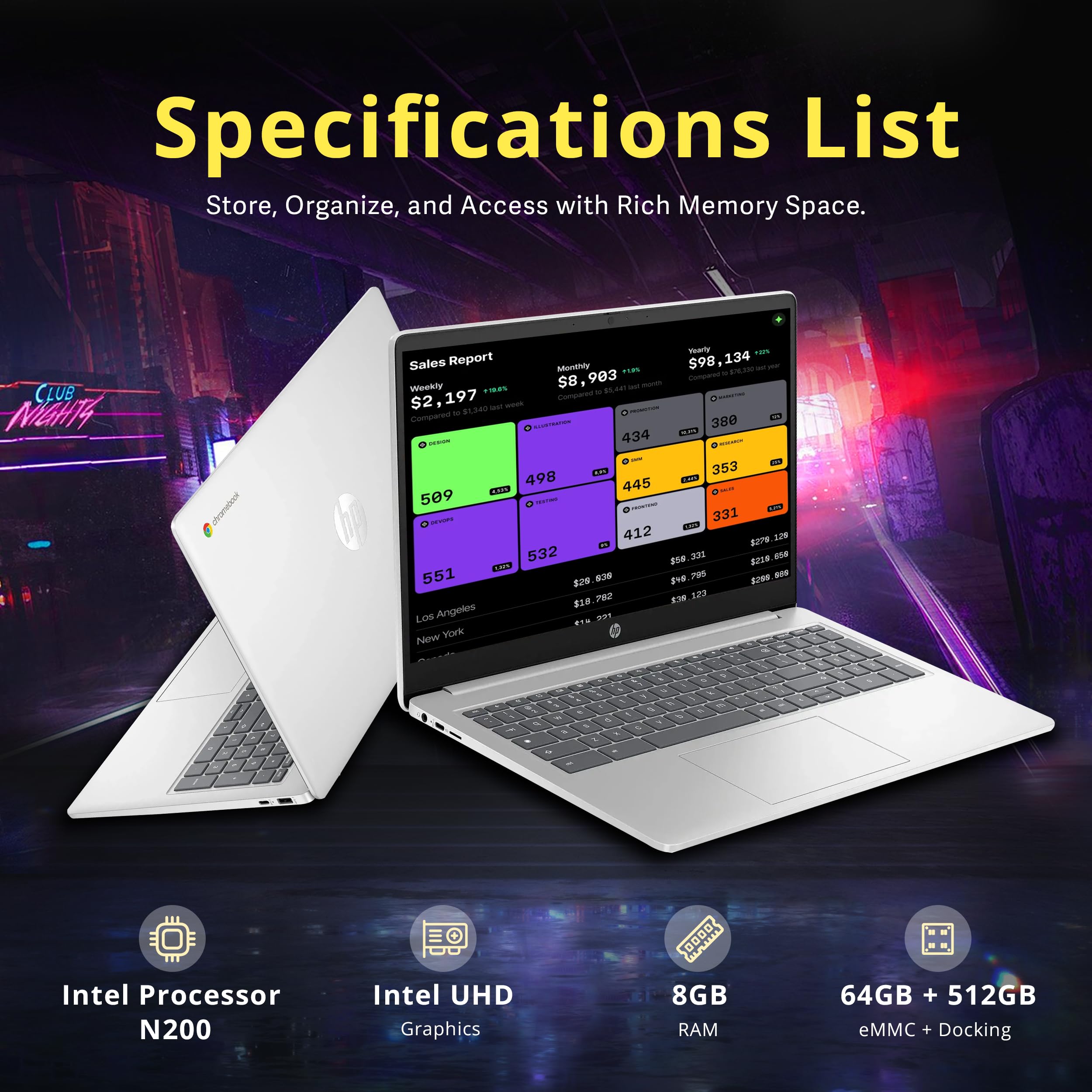 HP Computer portatile Chromebook HD antiriflesso da 15,6", Intel Pentium N200, LPDDR5 da 8 GB, memoria da 576 GB (64 GB eMMC + set docking station da 512 GB), grafica Intel UHD, Num Pad, fotocamera