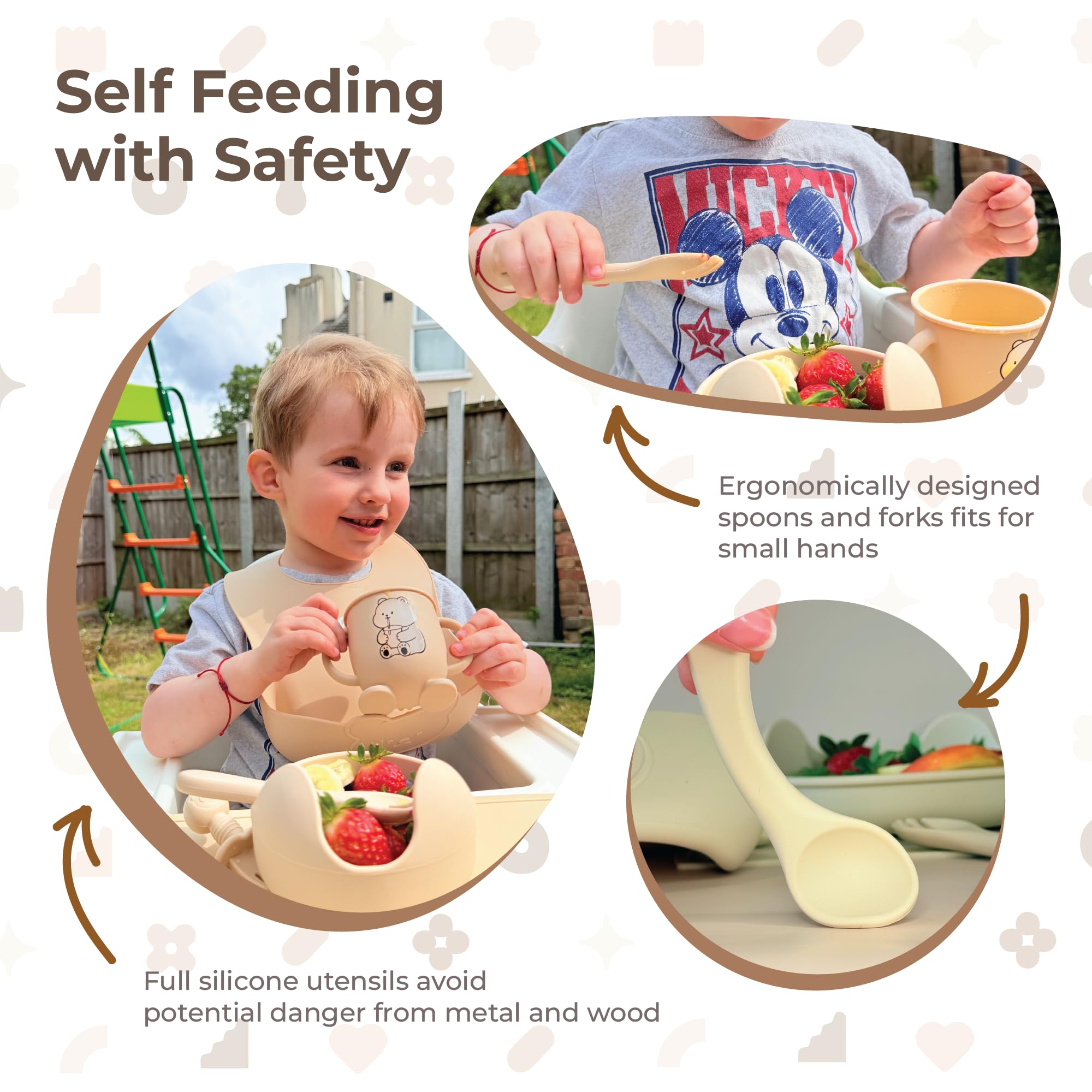 ŻELO 10-Piece Beige Baby Weaning Set/Baby Feeding Set, BPA-Free Silicone with Strong Suction Bowl & Plate, Straw Cup, Bib - Image 4