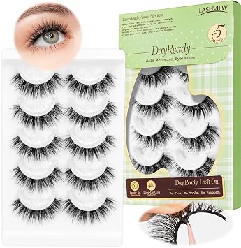 LASHVIEW Self Adhesive Eyelashes Natural Look Press On Lashes No Glue Need Eyelashes Reusable Cat Eye Wispy Self-adhesive False Lashes with Replacement Strips 5 PairsCV219