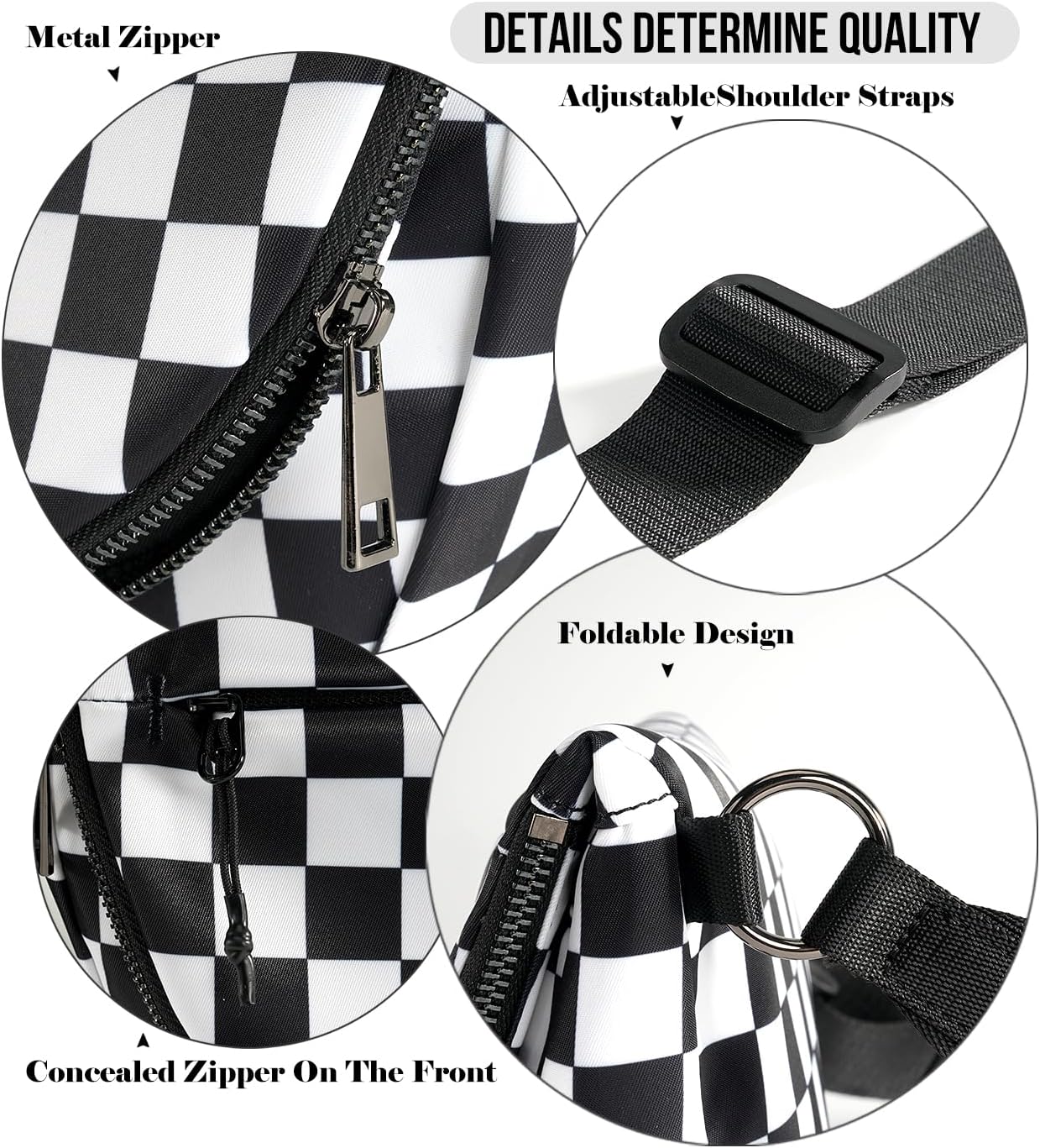 Checkered Crossbody Messenger Bag, Black and White Pattern, Adjustable Shoulder Strap - Image 6