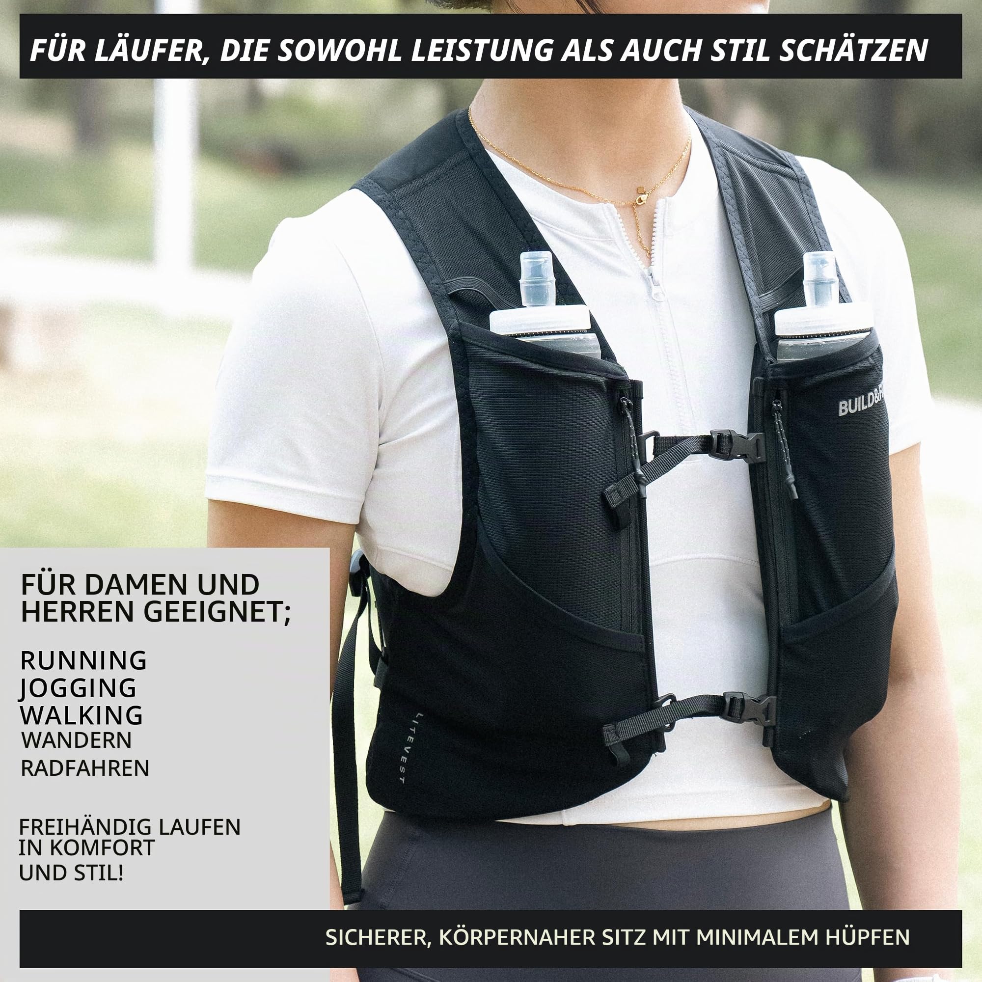 Build & Fitness LITEVEST Laufweste mit 2 x 500 ml Soft Flasks – 7 Taschen, leichte, atmungsaktive Trinkweste – Premium, sicher, bequem und stylisch für Training, Trails, Marathons und Alltagsläufe