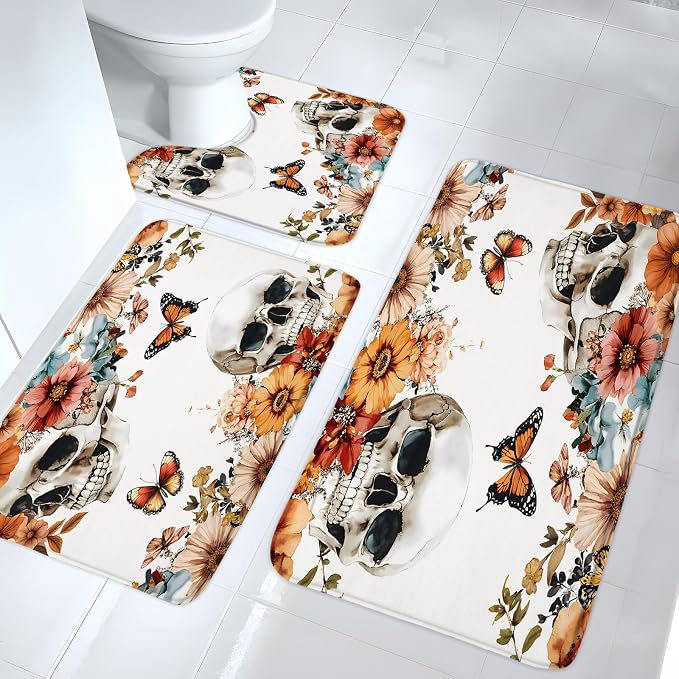Skull Floral Bath Mat Set 3 Piece Gothic Skeleton Flower Rose Spooky Vintage Plant Botanical Leaf Butterfly Halloween Day of The Dead Bathroom Rug Soft Memory Foam and U-Shaped Mats