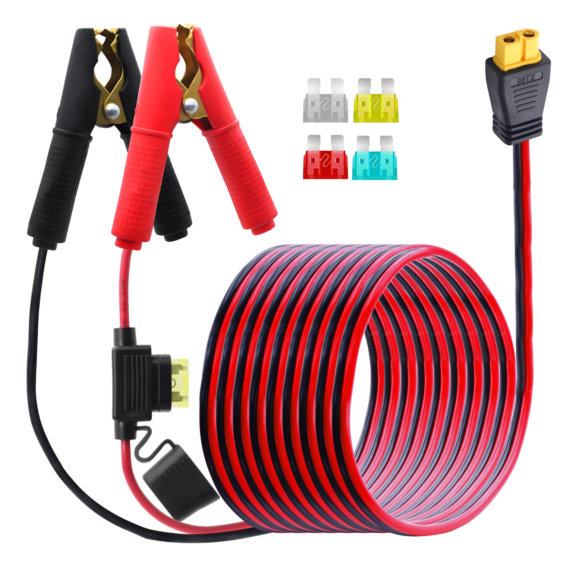 LANMINGLEL Battery Alligator Clip to XT60 Female Connector Cable with 20A Fuse,14AWG 12V-24V Battery Alligator Clips to XT60 Adapter Extension Cable,for Solar Panel,Battery Portable Power (3M)