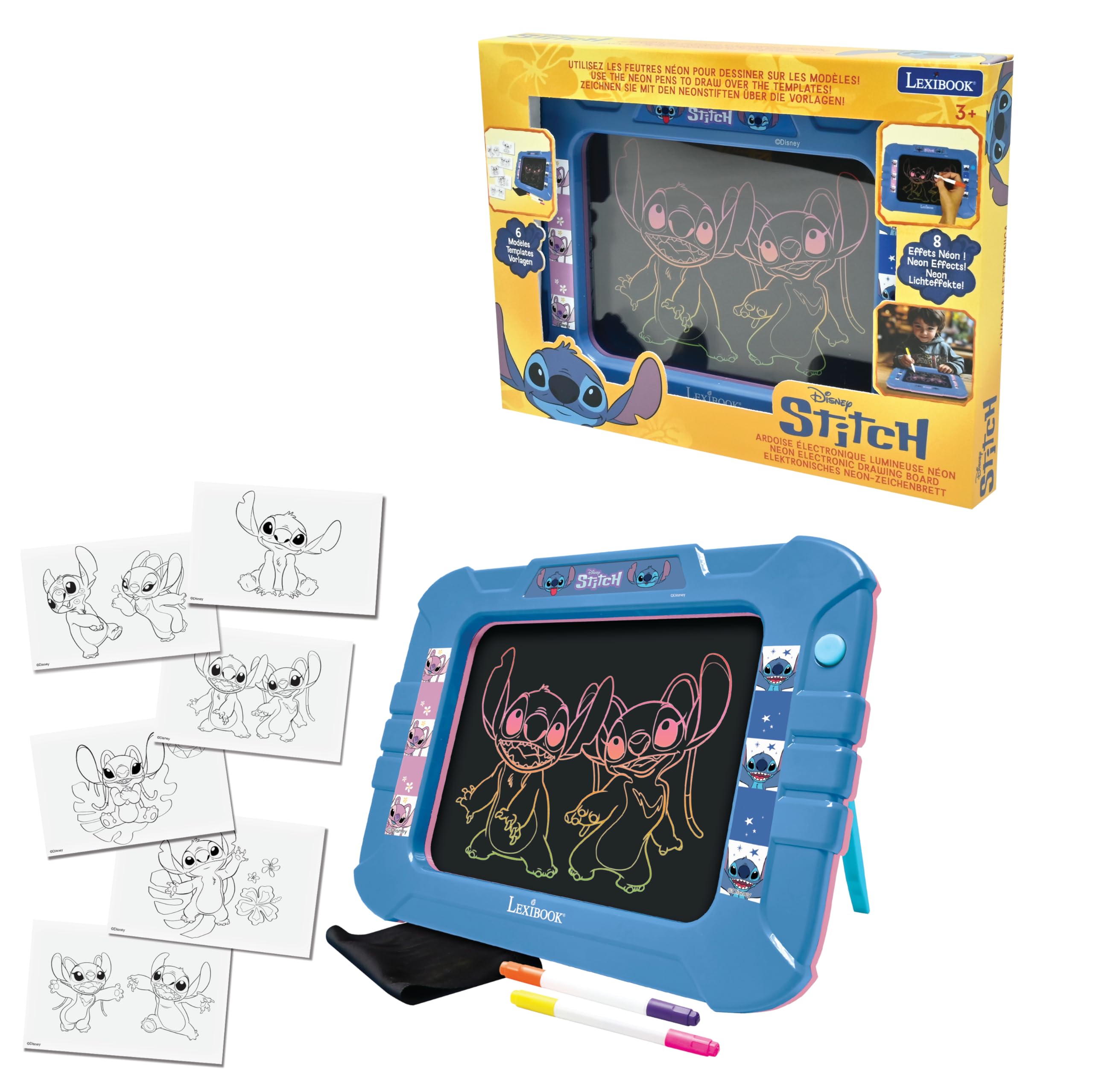 Lexibook, Disney Stitch, Tabliczka elektroniczna, CRNEOD | Efekt światła neonowego, 8 efektów świetlnych, 6 wzorów, 2 kolorowe markery i ściereczka