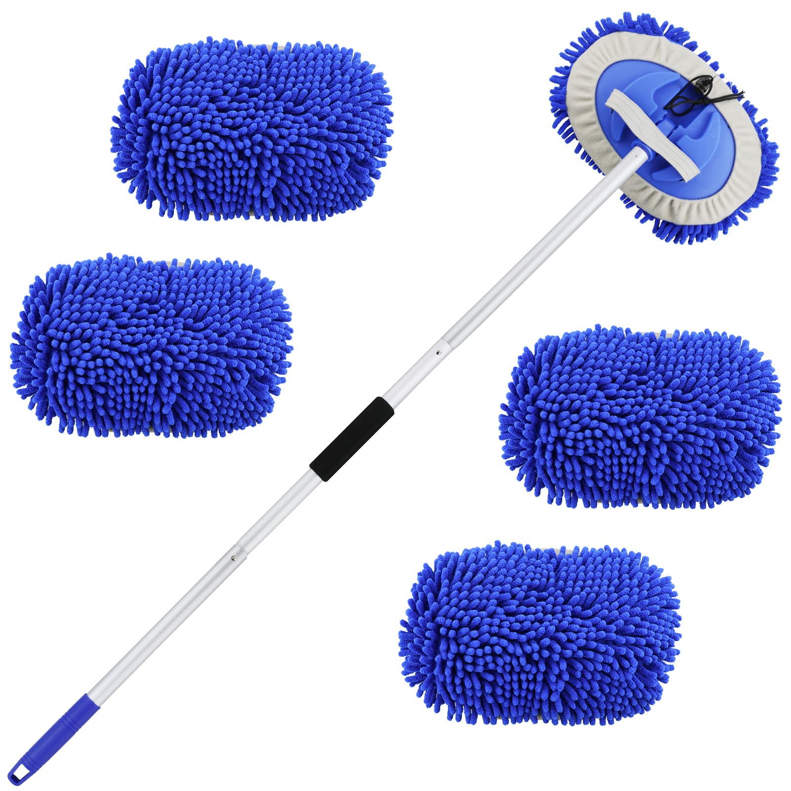 160 cm Spazzola di Pulizia per Lavaggio Auto con Manico Lungo,2 in 1 Spazzola Lavaggio Auto in Microfibra,per Campeggio, Auto, Sostituzione mop(3 Teste Ricambio)