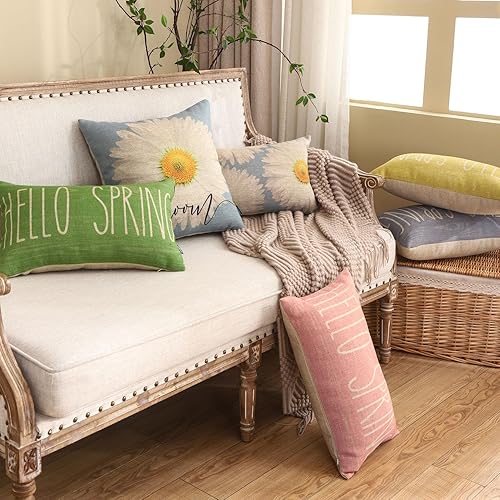 Miniatura 9 de TRENDIN Funda de almohada de Pascua de 12 x 20 pulgadas, decoración retro de primavera, funda de cojín decorativa de margarita azul, funda de cojín