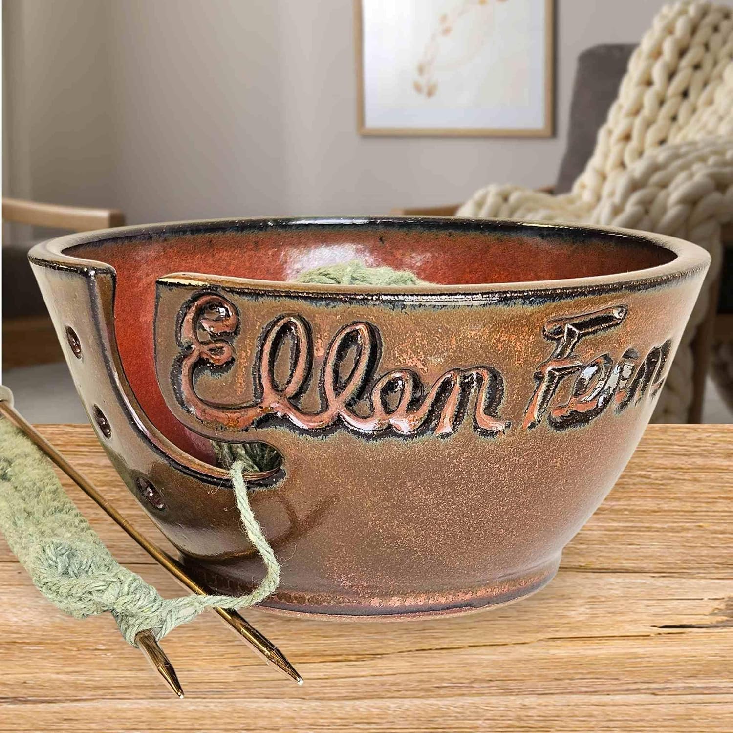 Custom Yarn Bowl with Name – Milestone Gift for Knitter or Crocheter – Handmade Ceramic Skein Holder – Yellow Cream