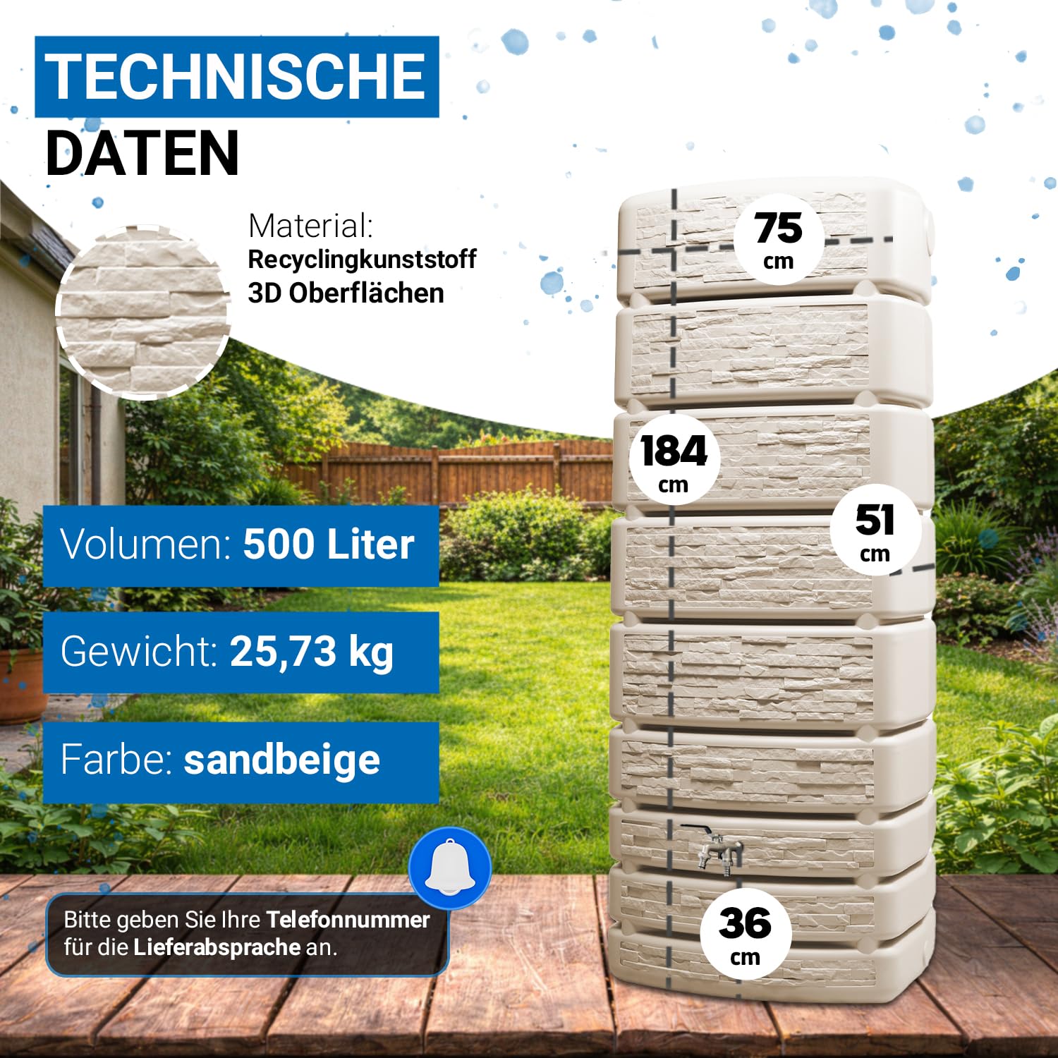4rain Slim Stone Decor Regentonne Wandtank Komplett-Set 500 Liter | sandbeige inkl. Chrom-Doppelauslaufhahn und Fallrohranschluss