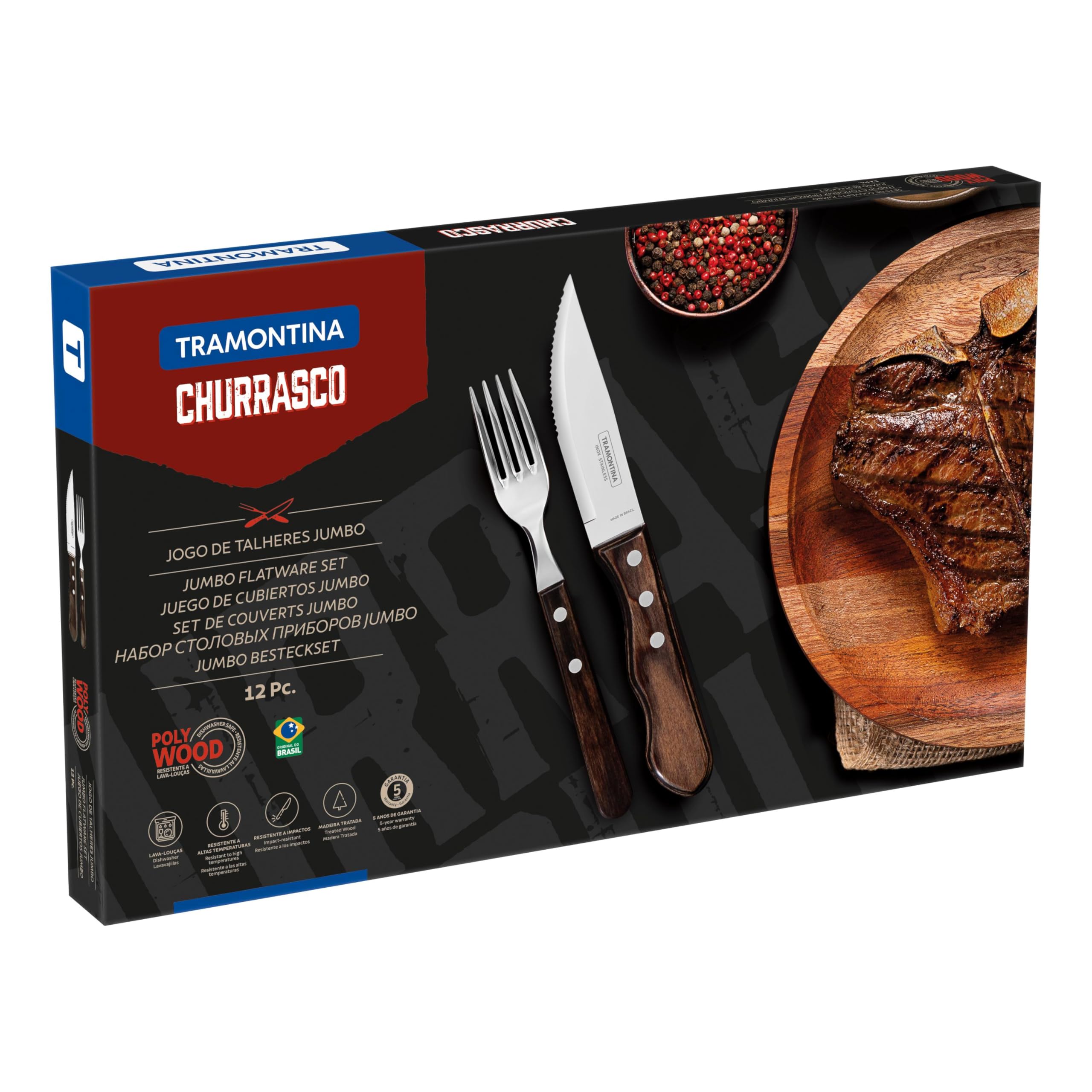 Set De 12 Couverts à Steak Tramontina - Manche Bois - Pour Barbecue Brésilien - Style Churrasco