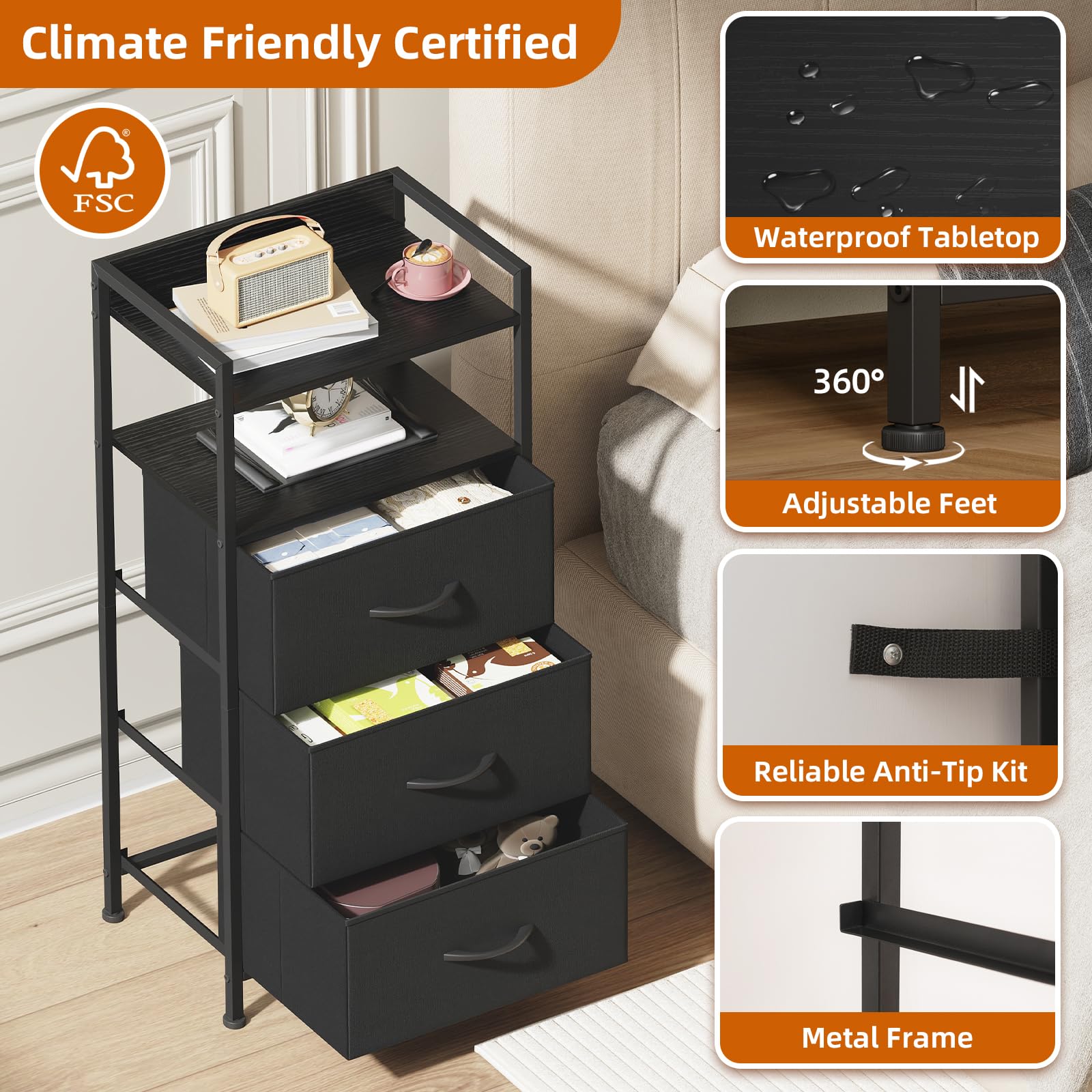Somdot Cassettiera Salvaspazio, Settimino Armadietto Camera da Letto, Mobiletto con Cassetti in Tessuto, 29P x 38,7l x 77,6H (3 Cassetti), Nero