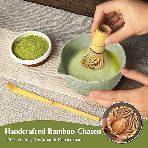 Miniatura 4 de Juego de té de batidor matcha kit de matcha japonés  Cuenco de cerámica de bambú con soporte para cuchara medidora, cuchara medidora, práctica