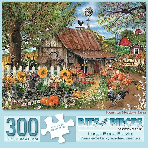 Miniatura 2 de Bits and Pieces - Rompecabezas de 300 piezas Bountiful Meadows Farm para adultos  Cada rompecabezas mide 18 x 24 pulgadas  Girasoles, calabazas,