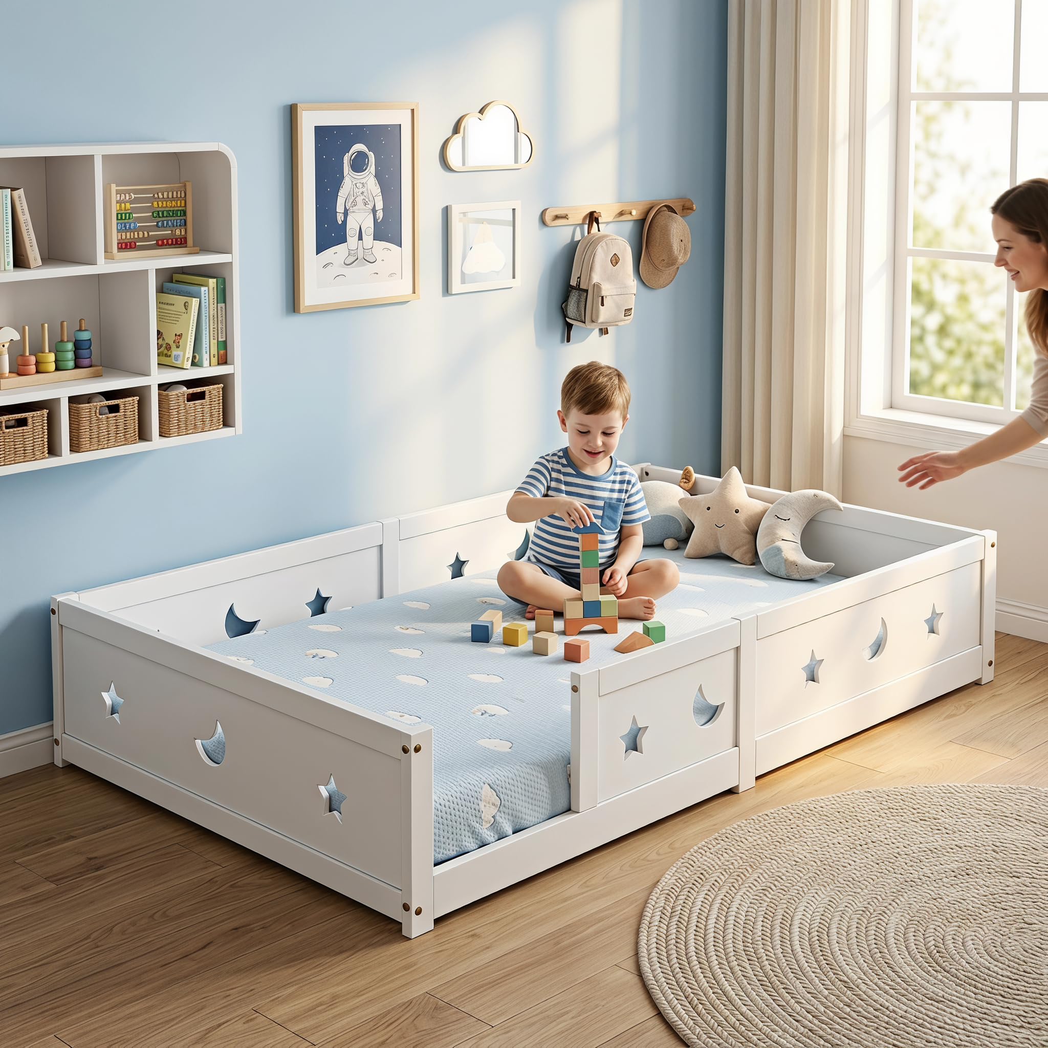 Montessori Łóżko dziecięce 90 x 200 cm, z zabezpieczeniem przed wypadnięciem i stelażem, wzór w gwiazdy i księżyc, dla chłopców i dziewczynek, z litego drewna sosnowego, białe (białe, A01, 120 x 200