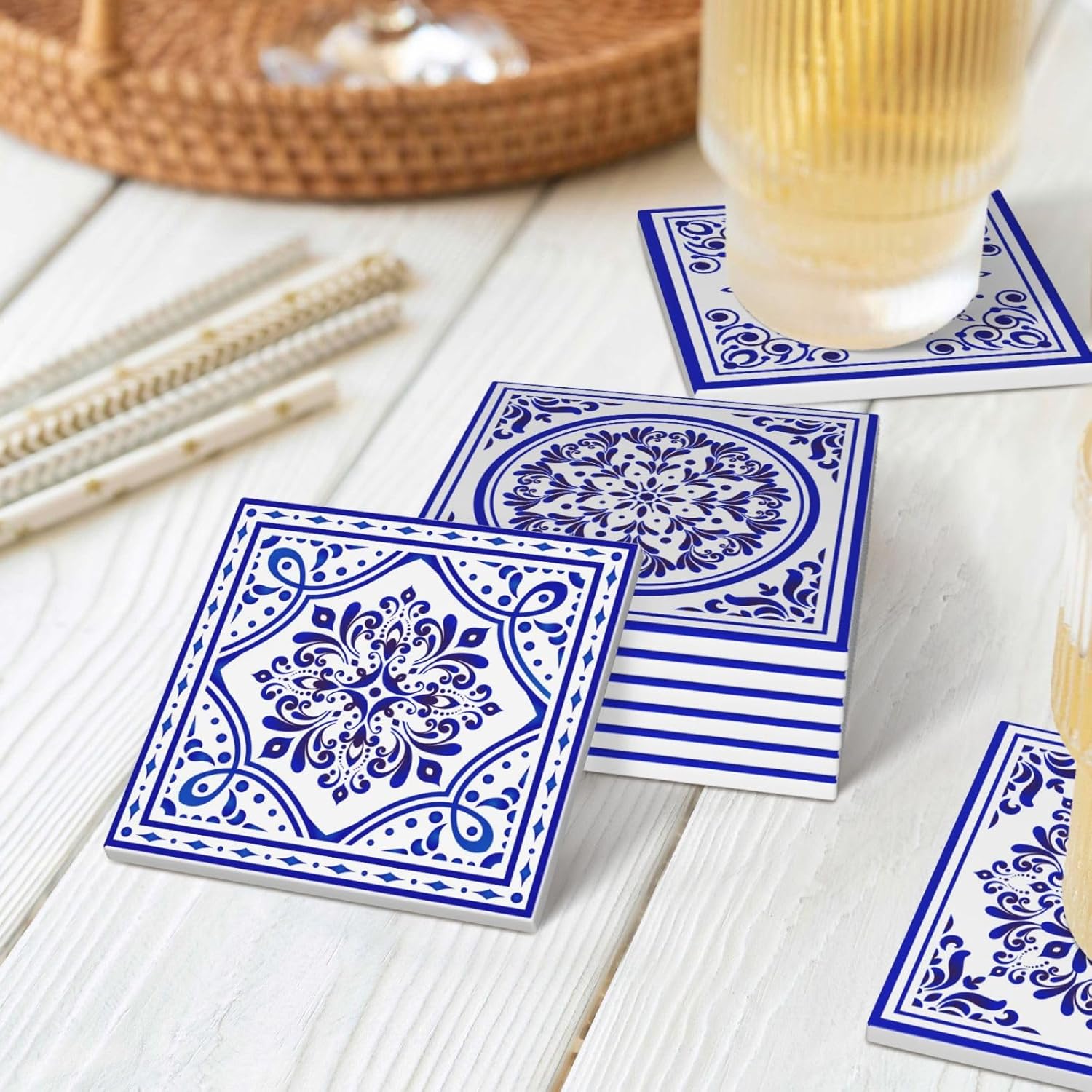 Coasters with Holder,Blue and White Style Ceramic Drink Coaster, Absorbent Coaster Sets of 6 for Tabletop Protection,Suitable for Kinds of Cups, Wooden Table, Unique Housewarming Gifts for Home Decor - Image 8