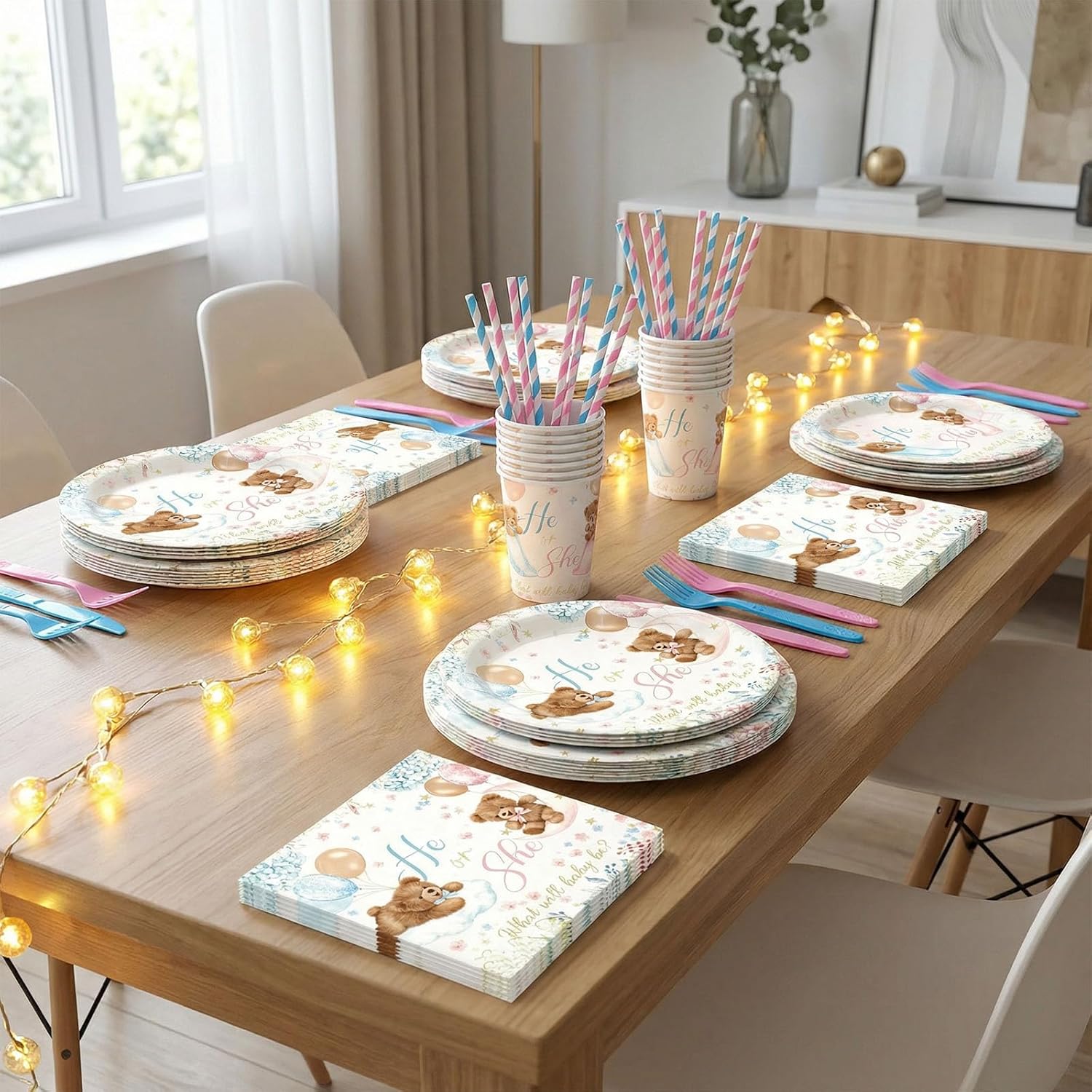 Bear Gender Reveal Party Decorations Supplies He or She Party Tableware Set Include Plates, Cups, Napkins,Cutlery and Straw for Baby Shower, Boy or Girl Party Decorations Serves 24