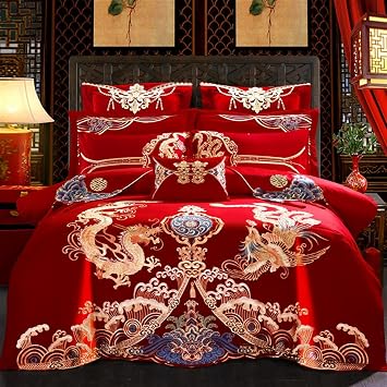 kiryu Chinese Traditional Red Sheet Asian Bedding Dragon and Phoenix Bird Embroidery Duvet Cover Sets,100% Cotton Embroider Luxury Wedding Decoration (G, Queen)