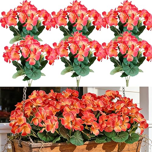 Htmeing Arbusto de geranio artificial de 6 piezas, plantas artificiales decorativas de seda para exteriores o interiores (naranja)