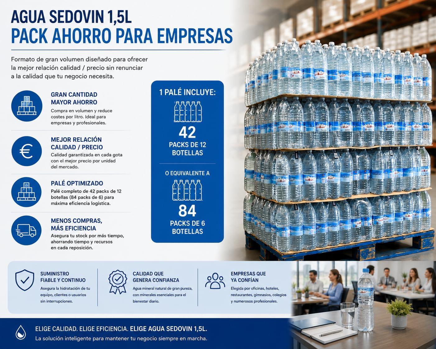 Agua Mineral Sedovin Palet 84 pack de 6 botellas 1,5 Litro - 504 botellas - 756 litros - Hidratación Diaria en Formato Ahorro (Palet - 1.5 litros 84 packs)