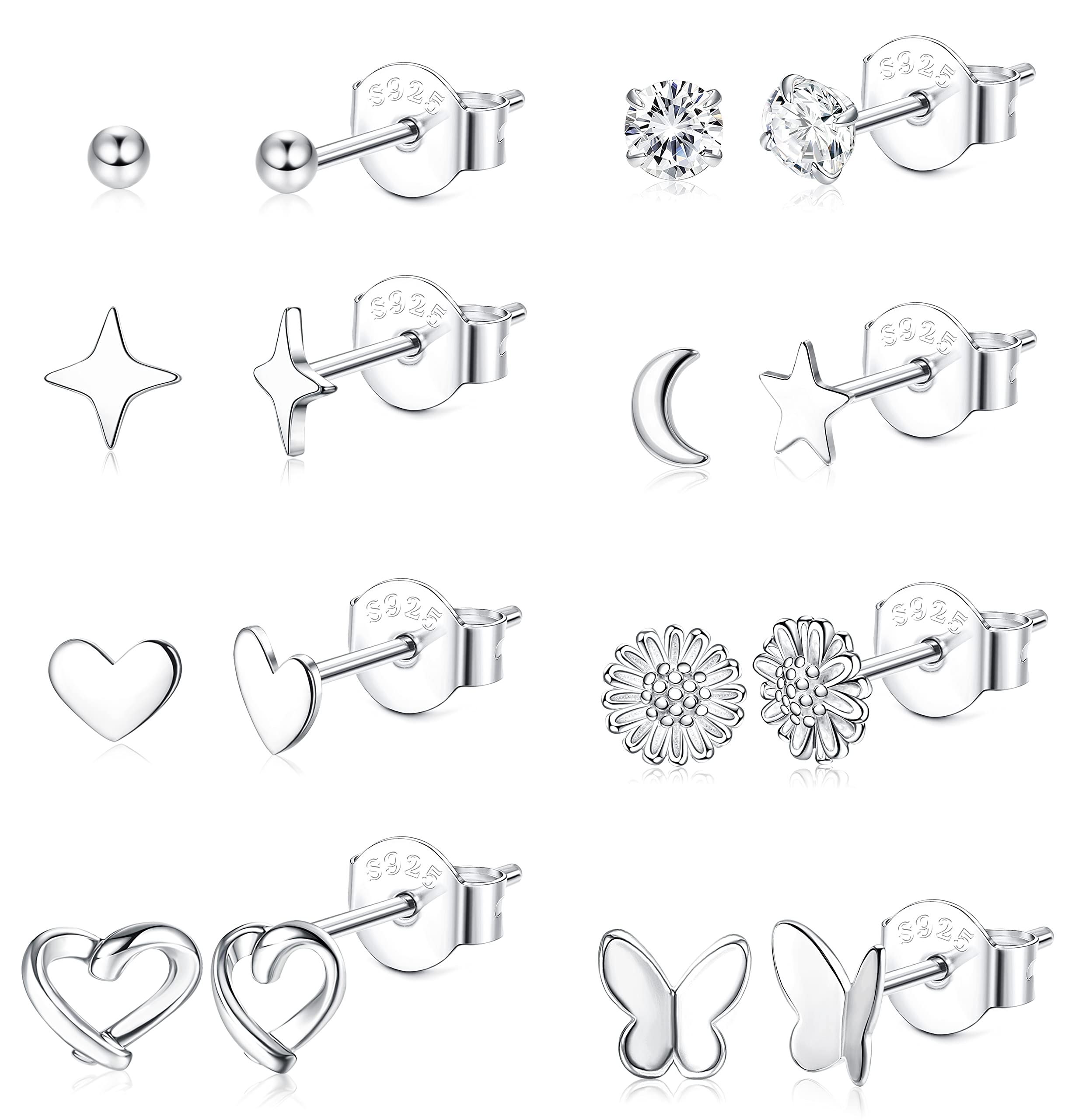 KRFY 8 Pares Pendientes Tuerca Para Mujer Plata de ley 925 con Circonita Cúbica Cartílago Hipoalergénicos Pequeña Pendientes de Tuerca Mariposa Luna Estrella Margarita Sencillos Pendientes Para Niñas